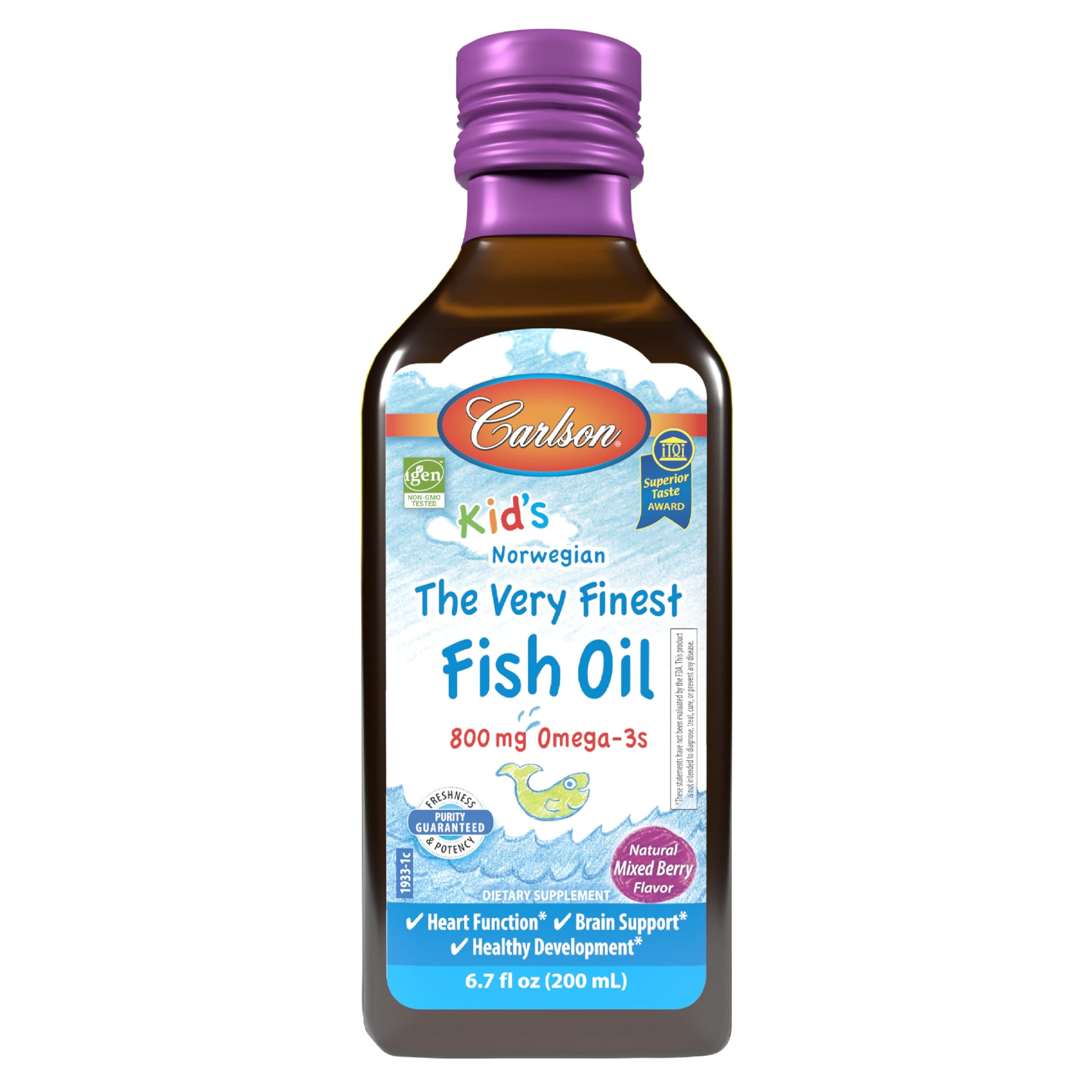 Carlson - Kid's The Very Finest Fish Oil, 800 mg Omega-3s, Liquid Fish Oil Supplement, Norwegian Fish Oil, Wild-Caught, Sustainably Sourced Fish Oil Liquid, Mixed Berry, 200 mL (6.7 Fl Oz)