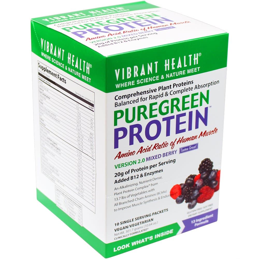 Vibrant Health - PureGreen Protein Mixed Berry Single Servings - Comprehensive Plant Proteins Balanced for Rapid & Complete Absorption, 10 packets