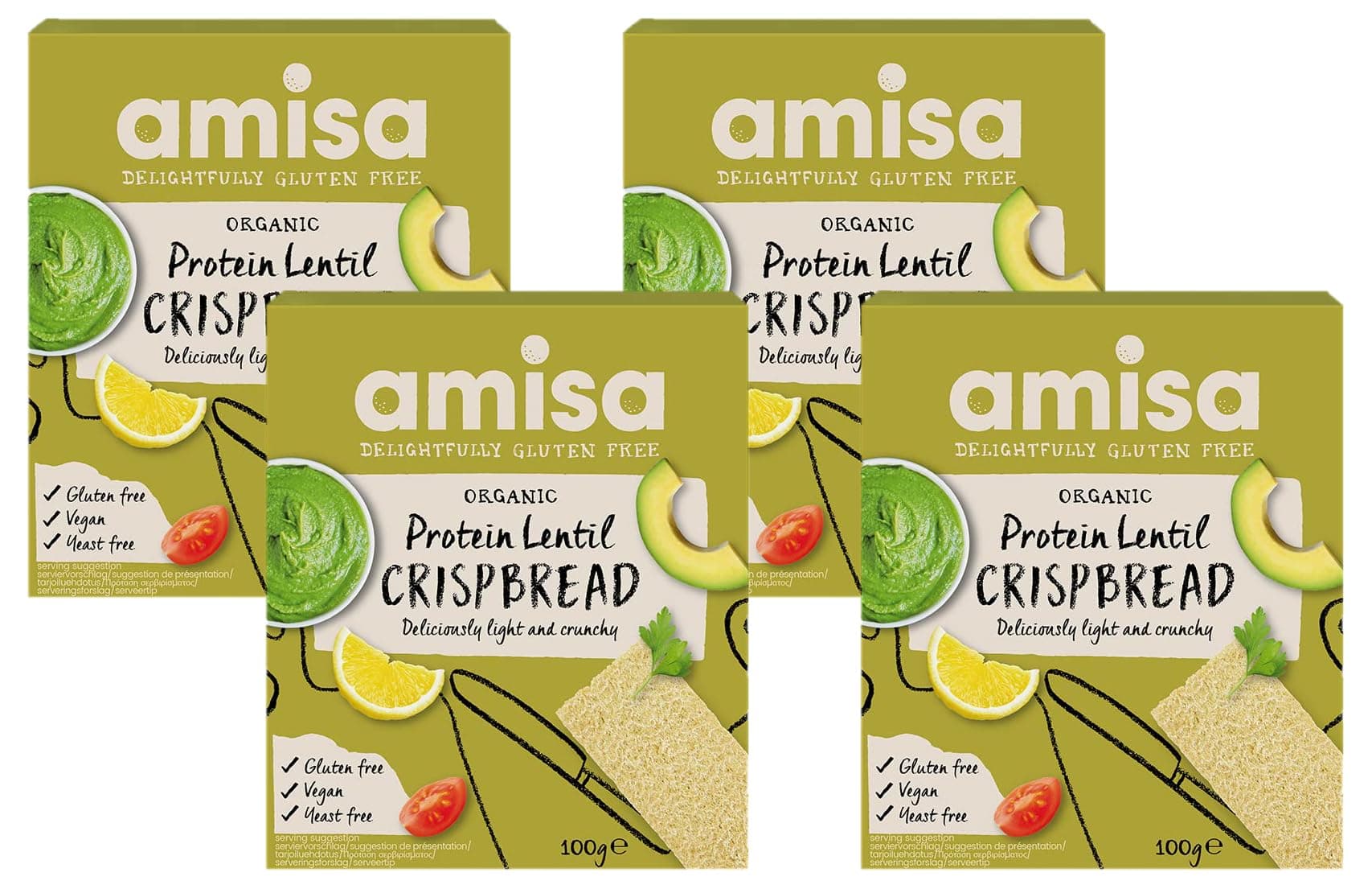 Amisa Organic Gluten Free Protein Lentil Crispbread, 100g - Yeast & Gluten Free, Low Carb Snacks - Plant-Based Protein, Vegan (Pack of 4)