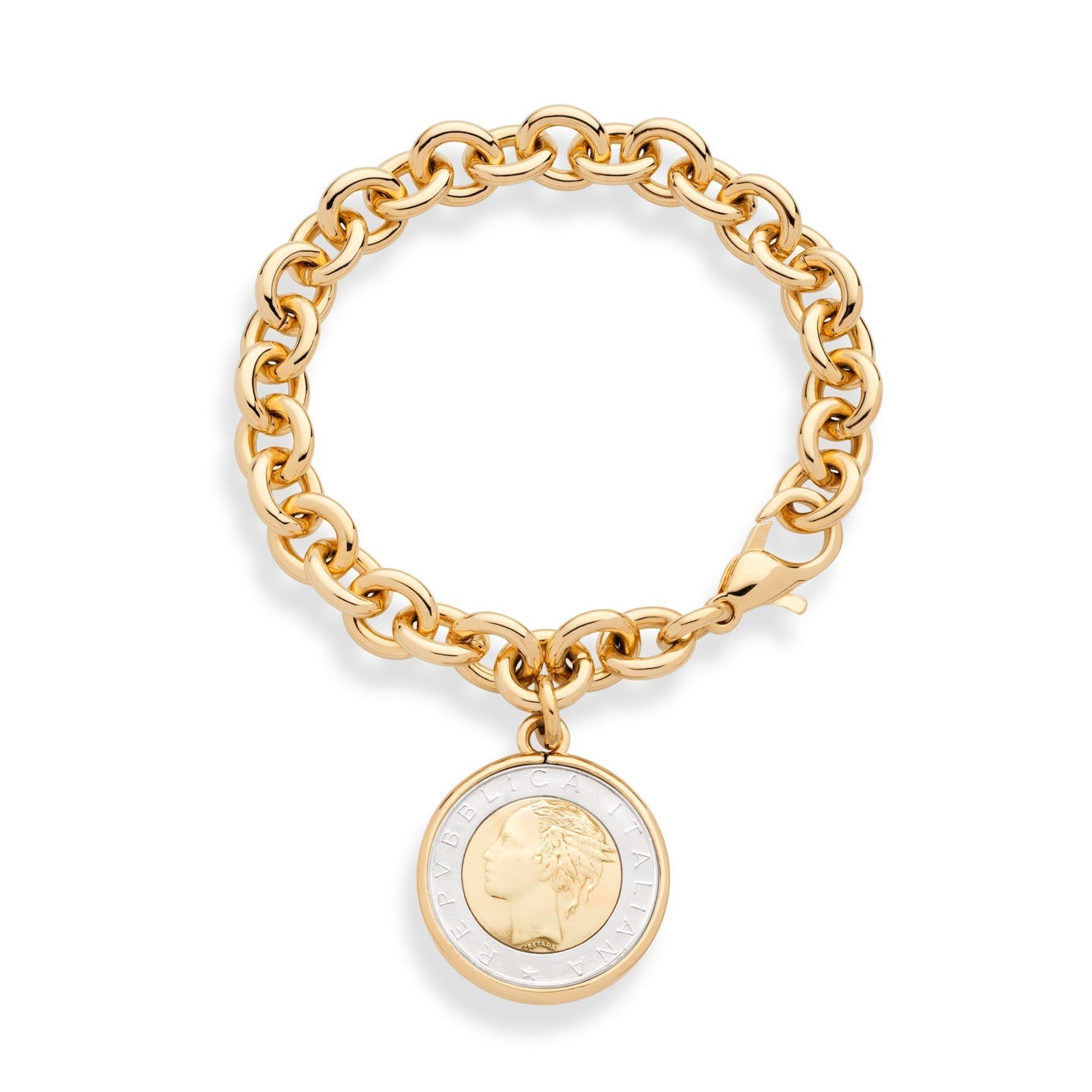 18K Gold Plated Bronze Italian Genuine 500-Lira Coin Charm Rolo Link Chain Bracelet for Women Made in Italy