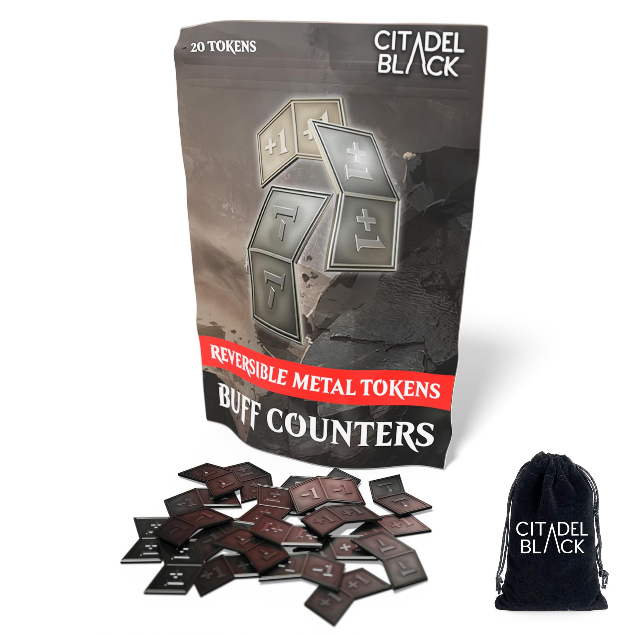 Citadel BlackMTG Buff Counters +1/+1 and -1/-1 Set of 20 Metal Tokens - with Velvet Drawstring Pouch, Antique Silver Finish Metal Tokens