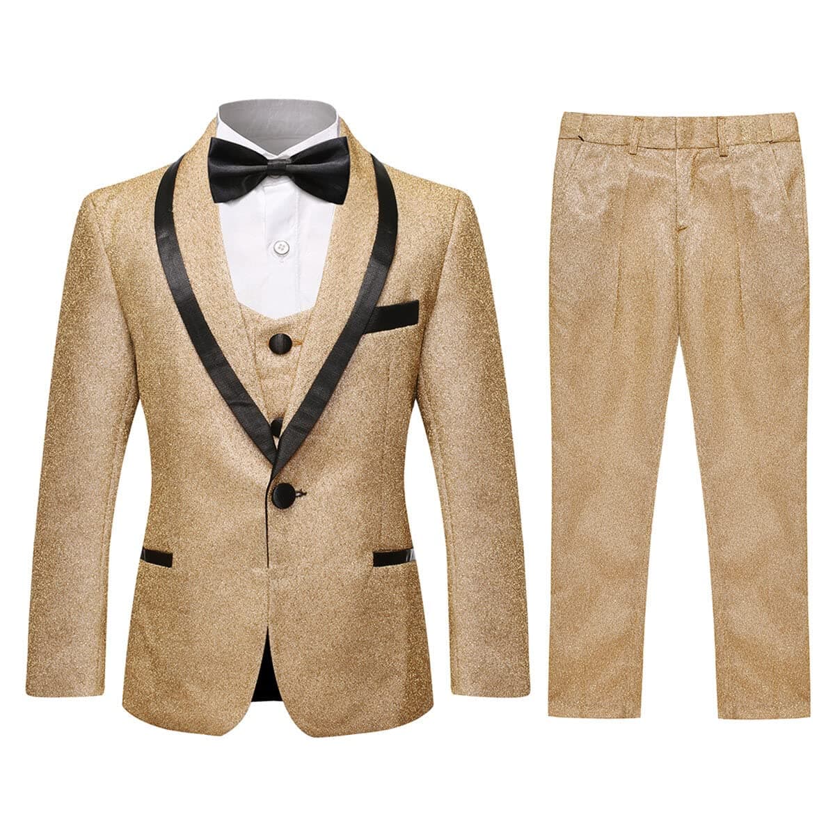 SWOTGdoby Boys Gold Tuxedo Suit Shiny Festive Dress 3 Pieces Blazer Pants Vest for Wedding