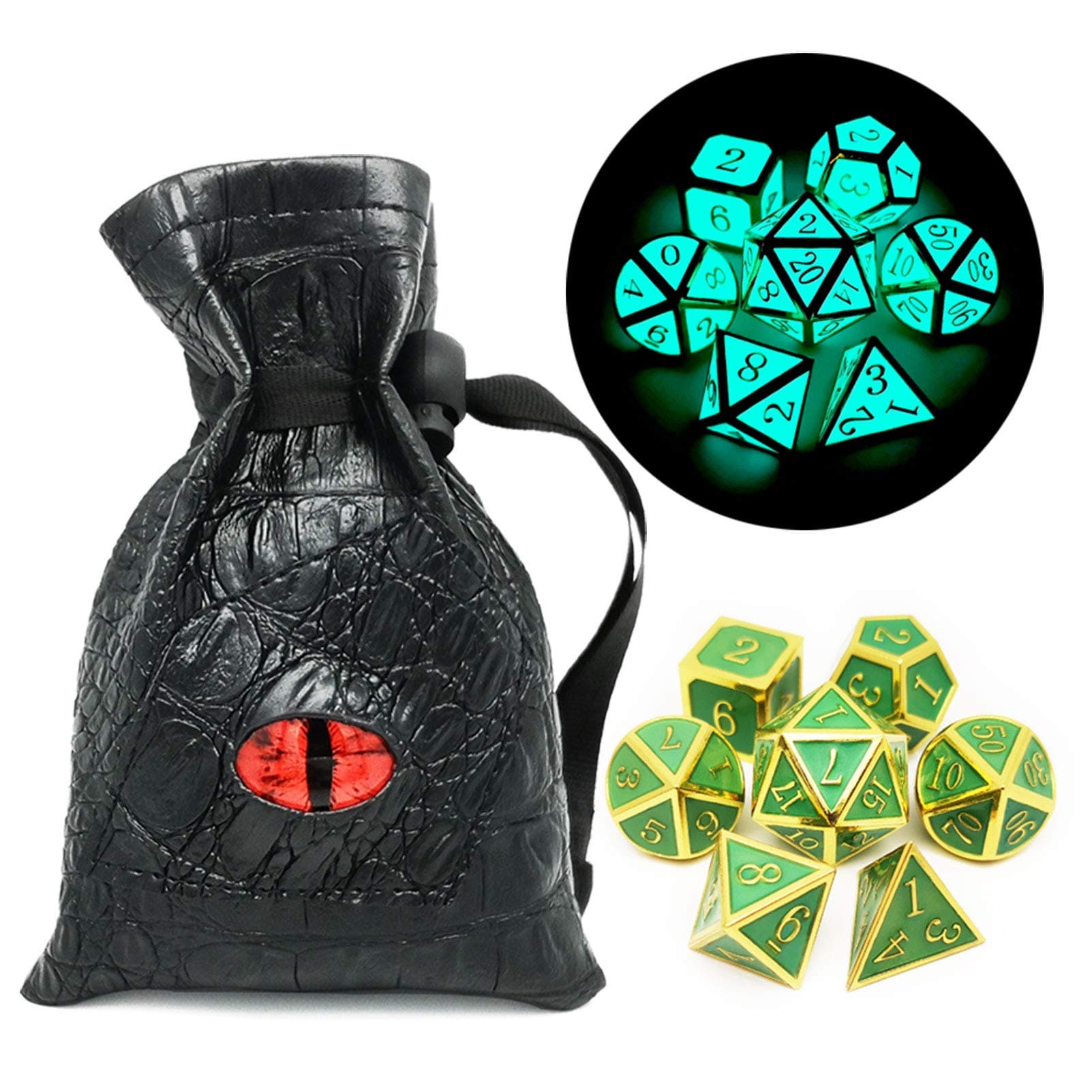 Haxtec Glow in The Dark Glowing Blue Metal Dice Set D&D W/Dragon Dice Bag 7PCS DND Dice Set for Dungeons and Dragons RPG Games-Gold Glowing Blue-V2