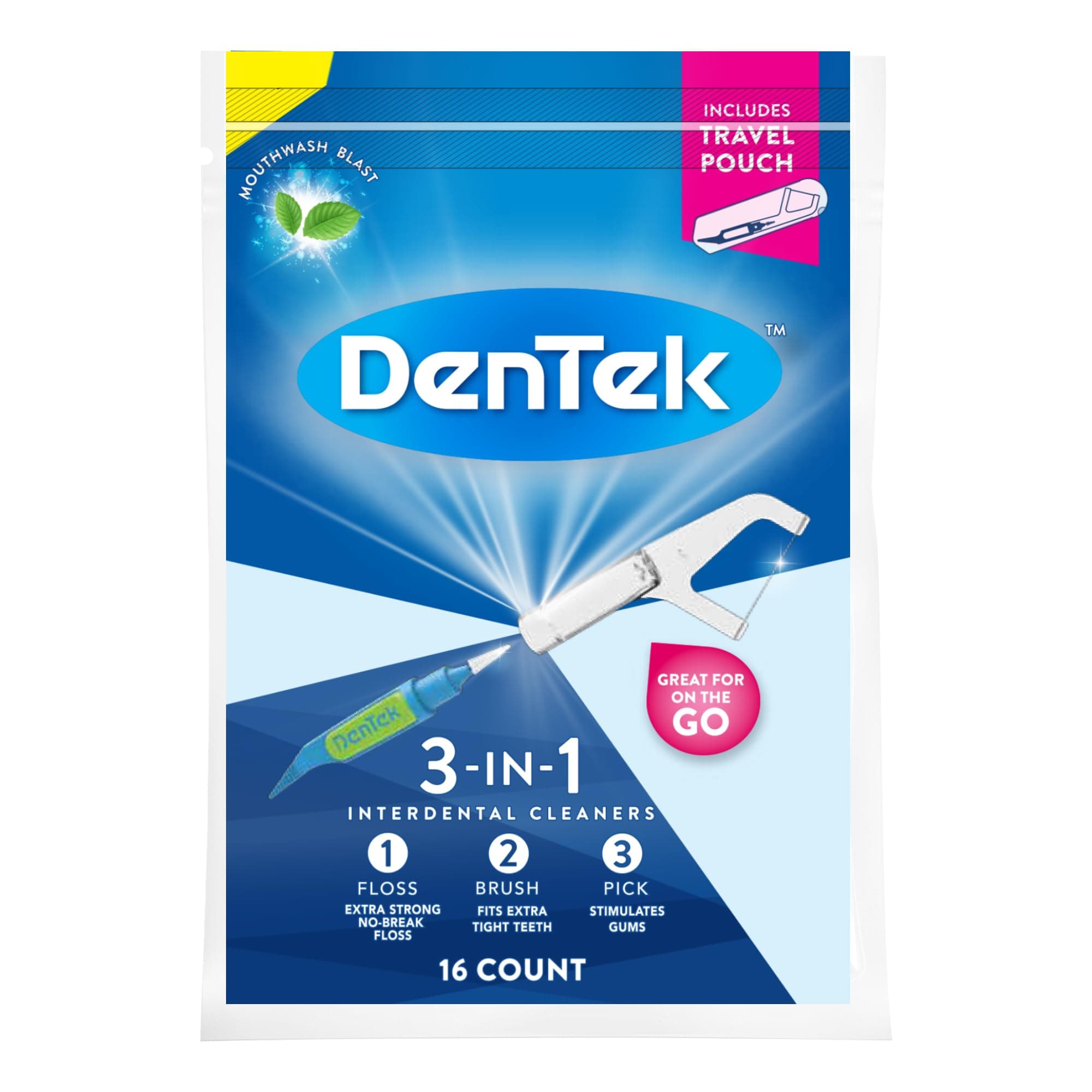DenTek 3-In-1 Interdental Cleaners | Floss, Brush, Pick, Travel Pouch | 16 Count