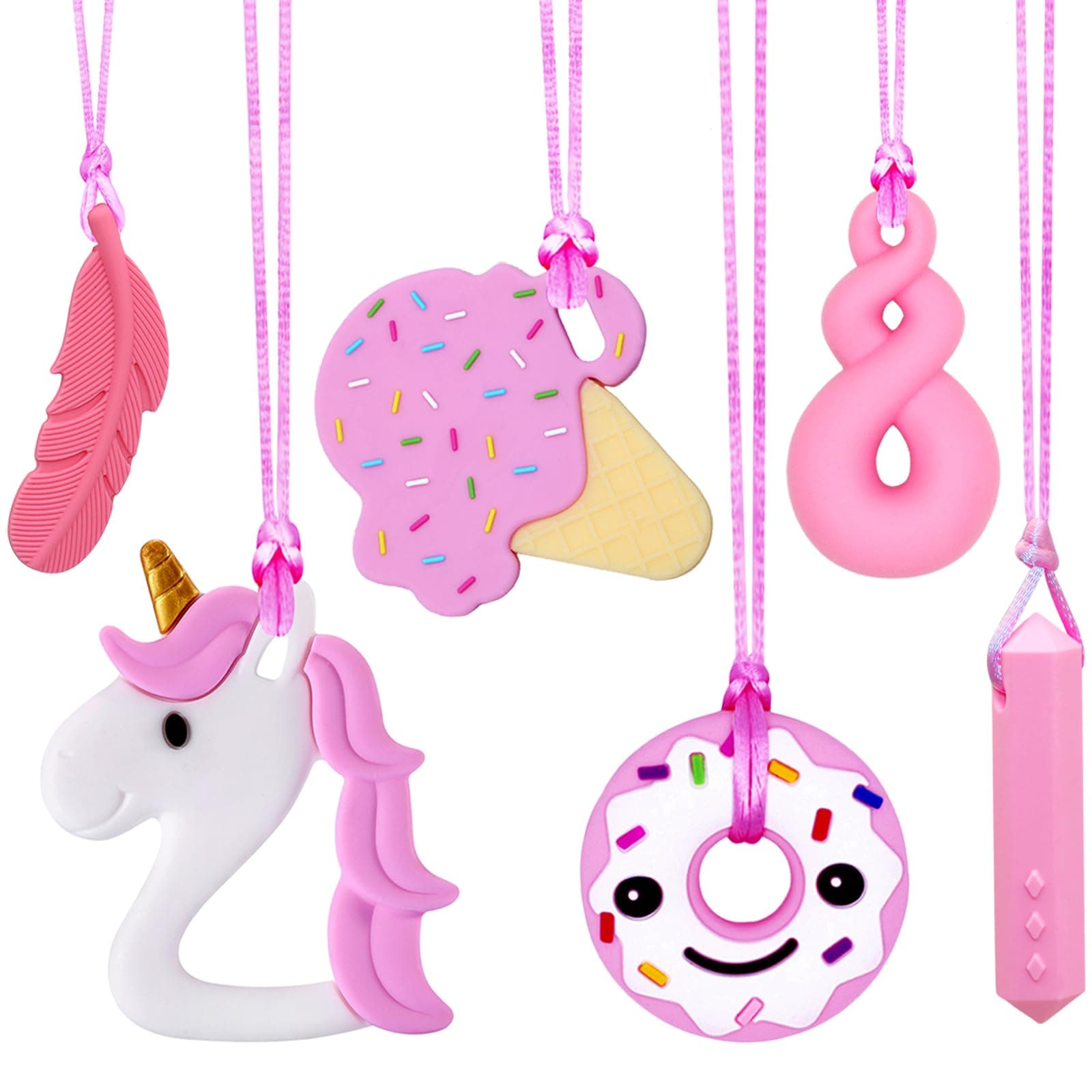 Sensory Chew Necklaces for Girls, 6 Pack Autism Teething Necklace Chew Toys Sensory for Kids with ADHD or Special Need, Silicone Chewable Necklaces Reduces Chewing Fidgeting for Children Adults Chewer