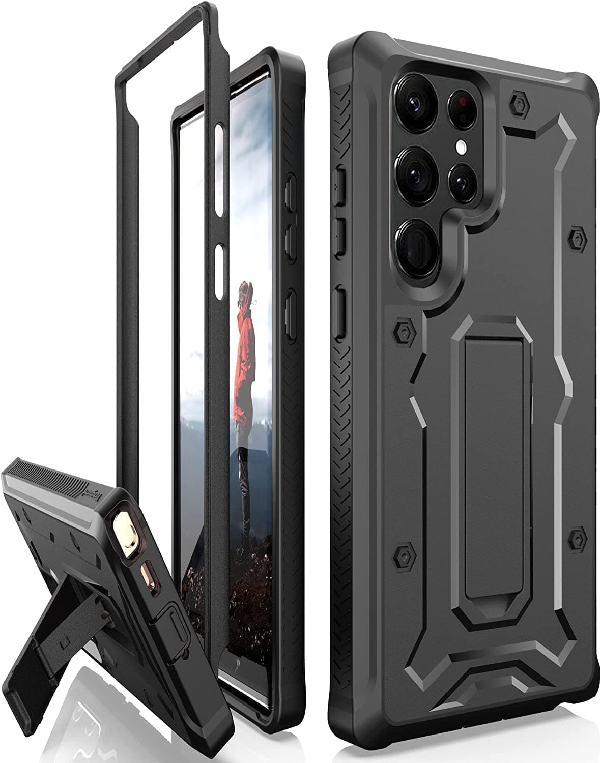 Designed for Samsung Galaxy S22 Ultra 5G Case (2022), Full-Body Multi-Layer Rugged with Stand [Screenless] - Charcoal Black