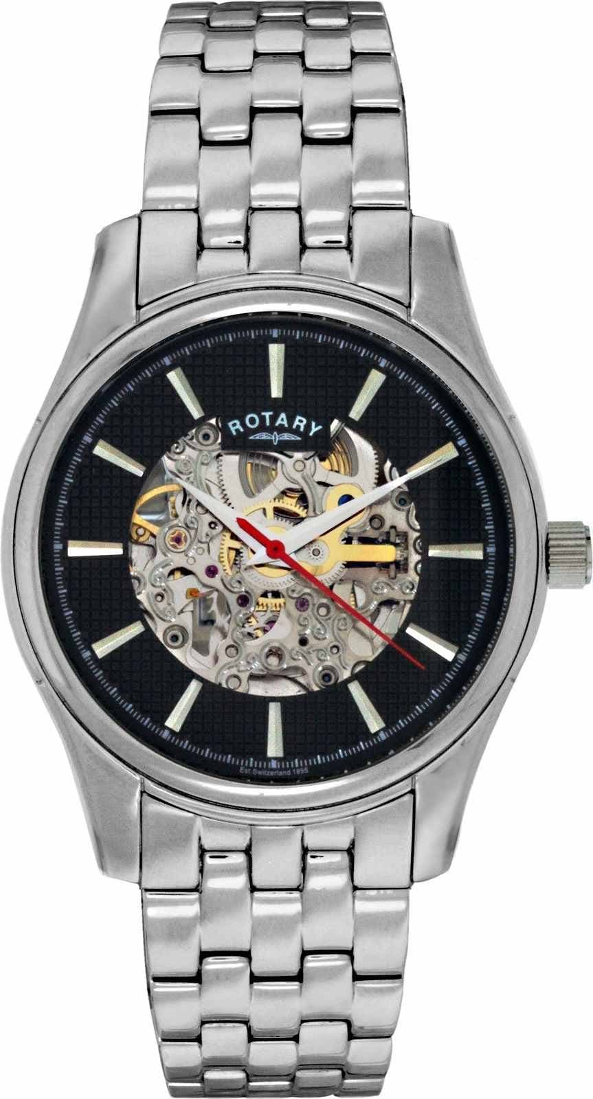 Rotary Men's Silver-Tone Steel Silver-Tone and Black Skeletonized Dial