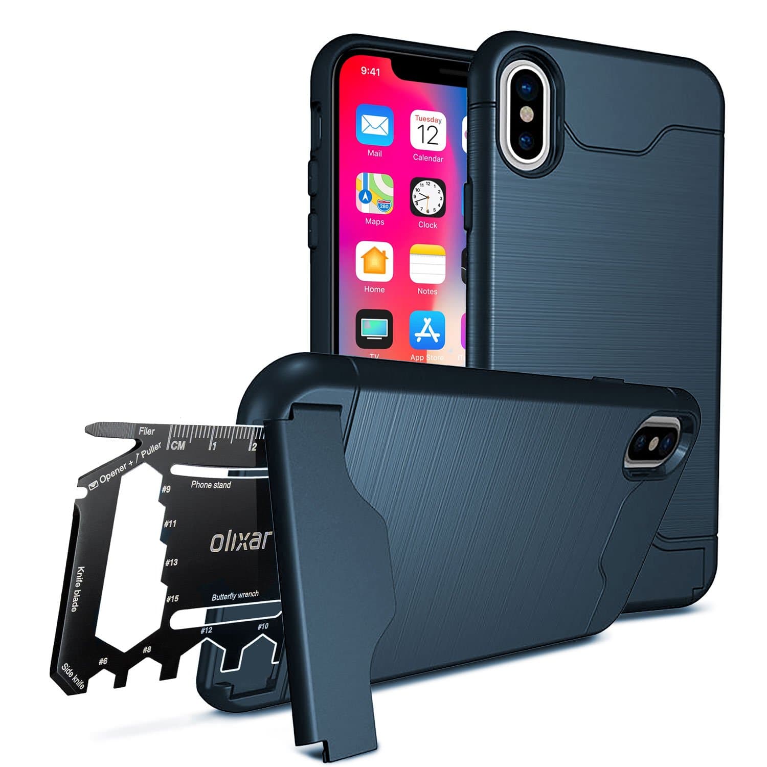 Olixar Multi Tool Case for Apple iPhone X, with 26 in 1 Survival Multi Tool - Protective Armour Cover - Credit Card Slot & Built in Stand - X-Ranger - Marine Blue