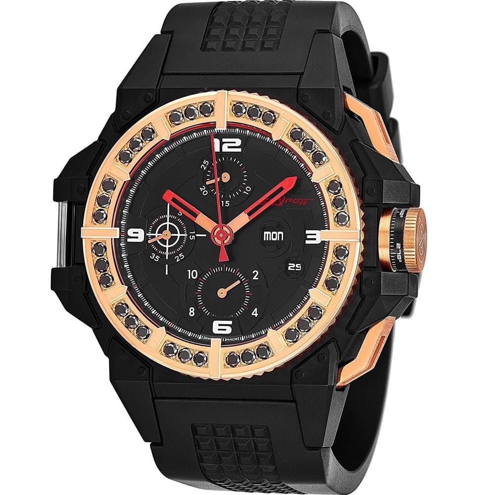 Snyper 'One M Bicolor' Black Stainless Steel Chronograph Automatic Watches for Men Swiss Made - 43mm Analog Black Face with Day Date Sapphire Crystal Mens Rose Gold Black Diamonds Watch 10.425.00