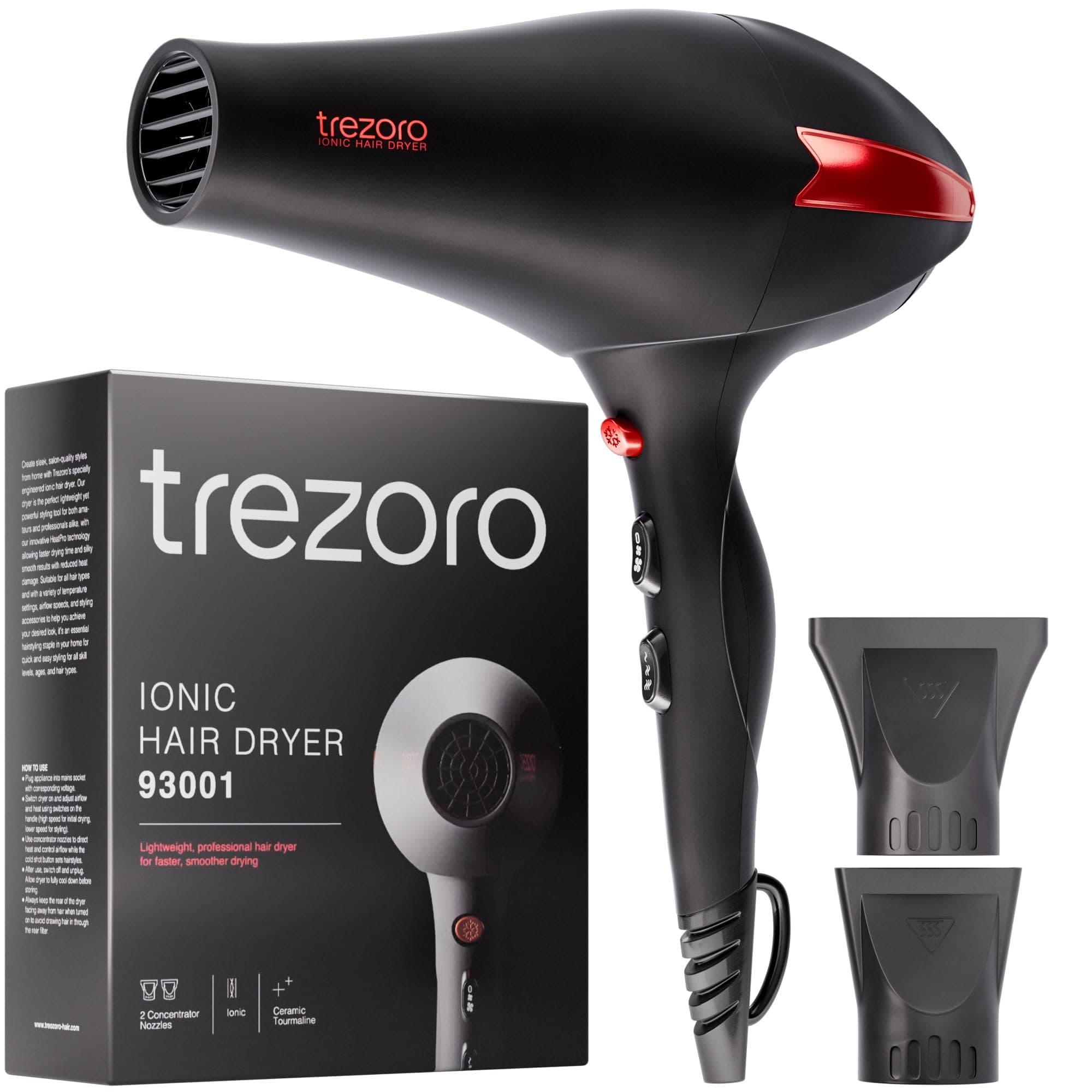 TREZORO Professional Hair Dryer, Ionic Ceramic Tourmaline Technology, 2000W Fast Quiet Drying, with Narrow & Wide Concentrator Nozzles, 3 Heat & 2 Speed Settings, Cool Shot Button, Black