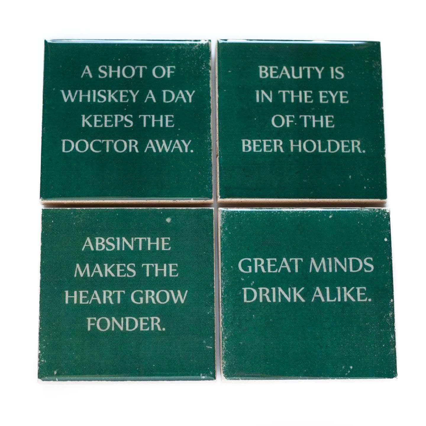 Wise Sayings Coaster Set (4 Stone Coasters) Green and White Drinking Quotes