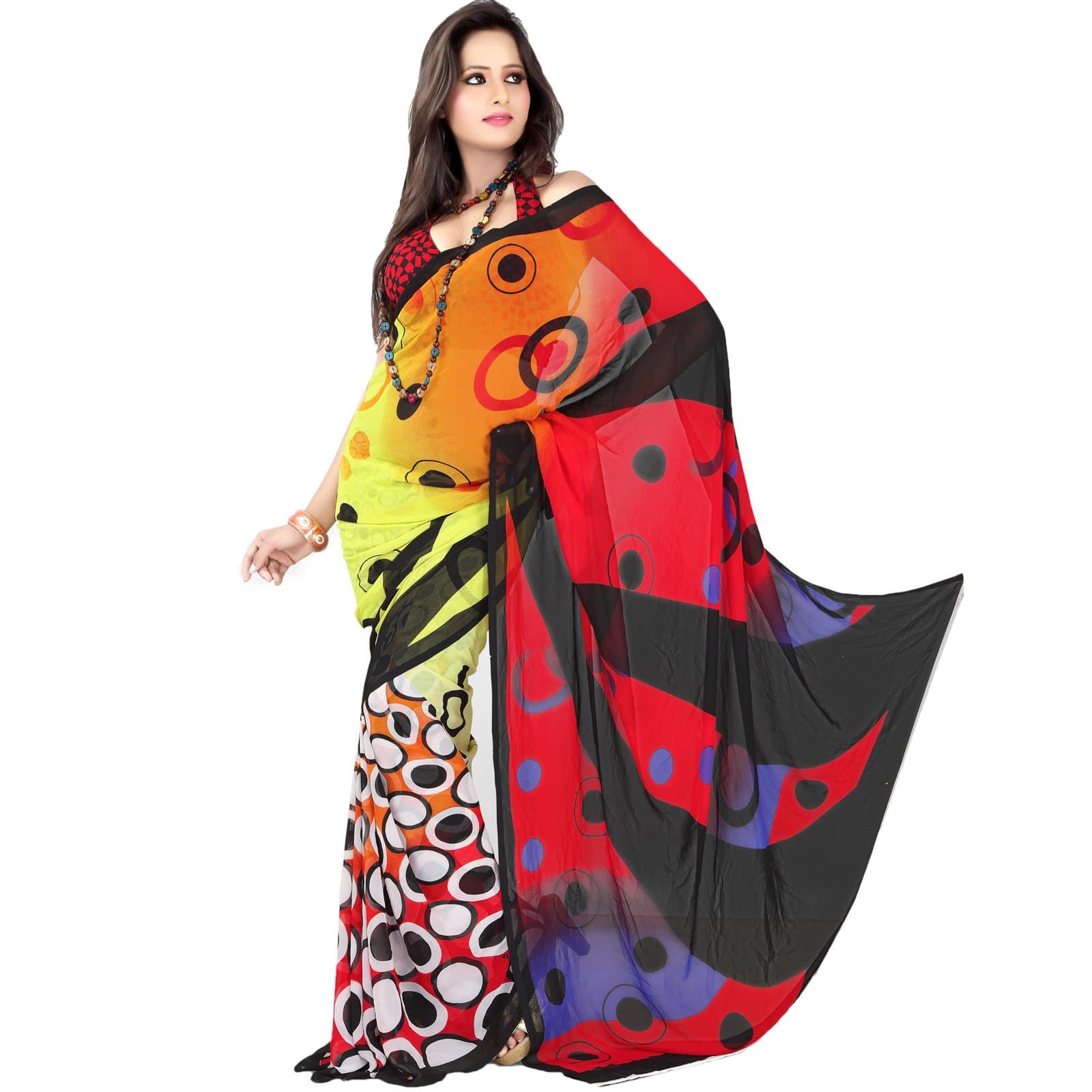 Fabdeal Indian Women Sari Printed Red Yellow & Black