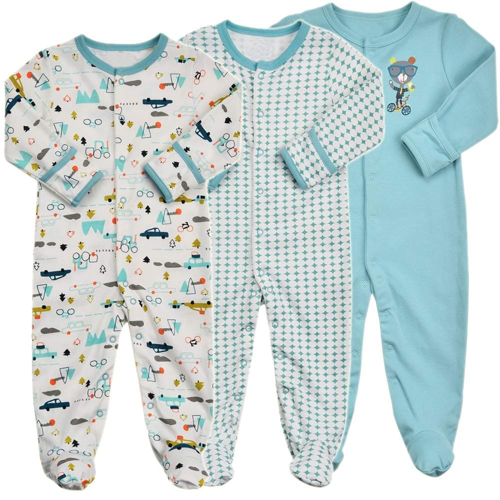 Baby Footed Pajamas with Mittens - 3 Packs Girls Boys Baby Footie Onesies Sleeper Newborn Cotton Sleepwear Infant Outfits (0-3 Months, Blue)