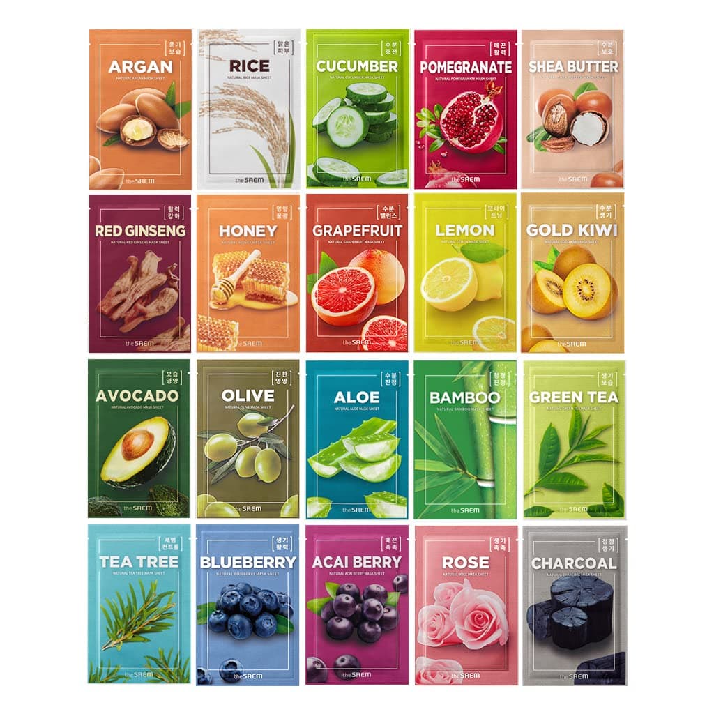 [the SAEM] Natural Facial Mask Sheet 21ml Combo Set (20 Pack) - Korean Daily Skin Care Variety Pack, Moisturizing, Brightening, Soothing, Firming Care