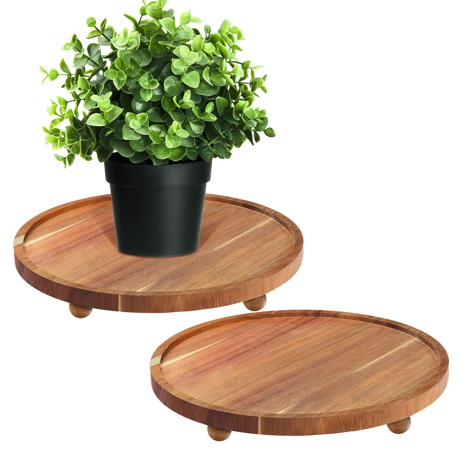 Sieral 2 Pieces Wooden Plant Riser Stands Wood Pedestal Round Acacia Wood Soap Stand Farmhouse Wooden Plant Tray for Indoor Outdoor Home, Garden Patio Decorative, 9.8 Inch Diameter