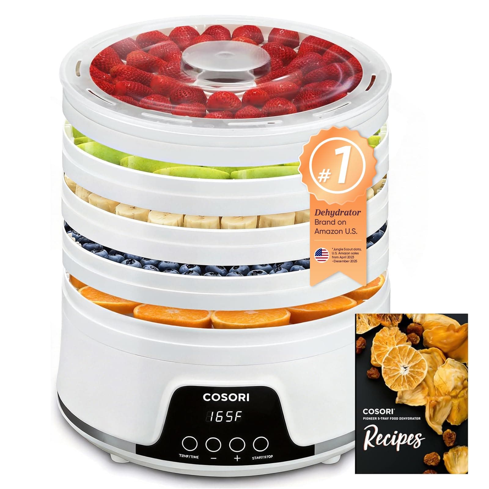 Food Dehydrator Machine for Jerky, 5 Trays with 165°F Temperature Control and 48H Timer, 350W Dryer for Fruit, Herbs, Meat, Veggies and Dog Treats, 50-Recipes Book Included