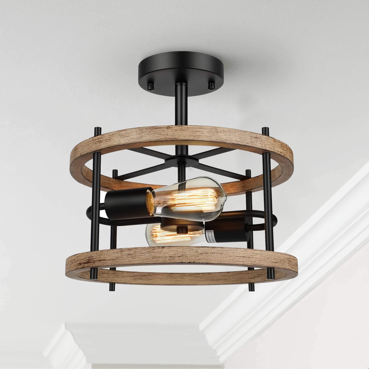2-Light Retro Semi Flush Mount Ceiling Light Fixture, Rustic Vintage Wood Ceiling Light, Black Metal, Industrial Farmhouse Ceiling Lamp for Hallway, Entryway, Bedroom, Balcony, Farmhouse, Dining Room