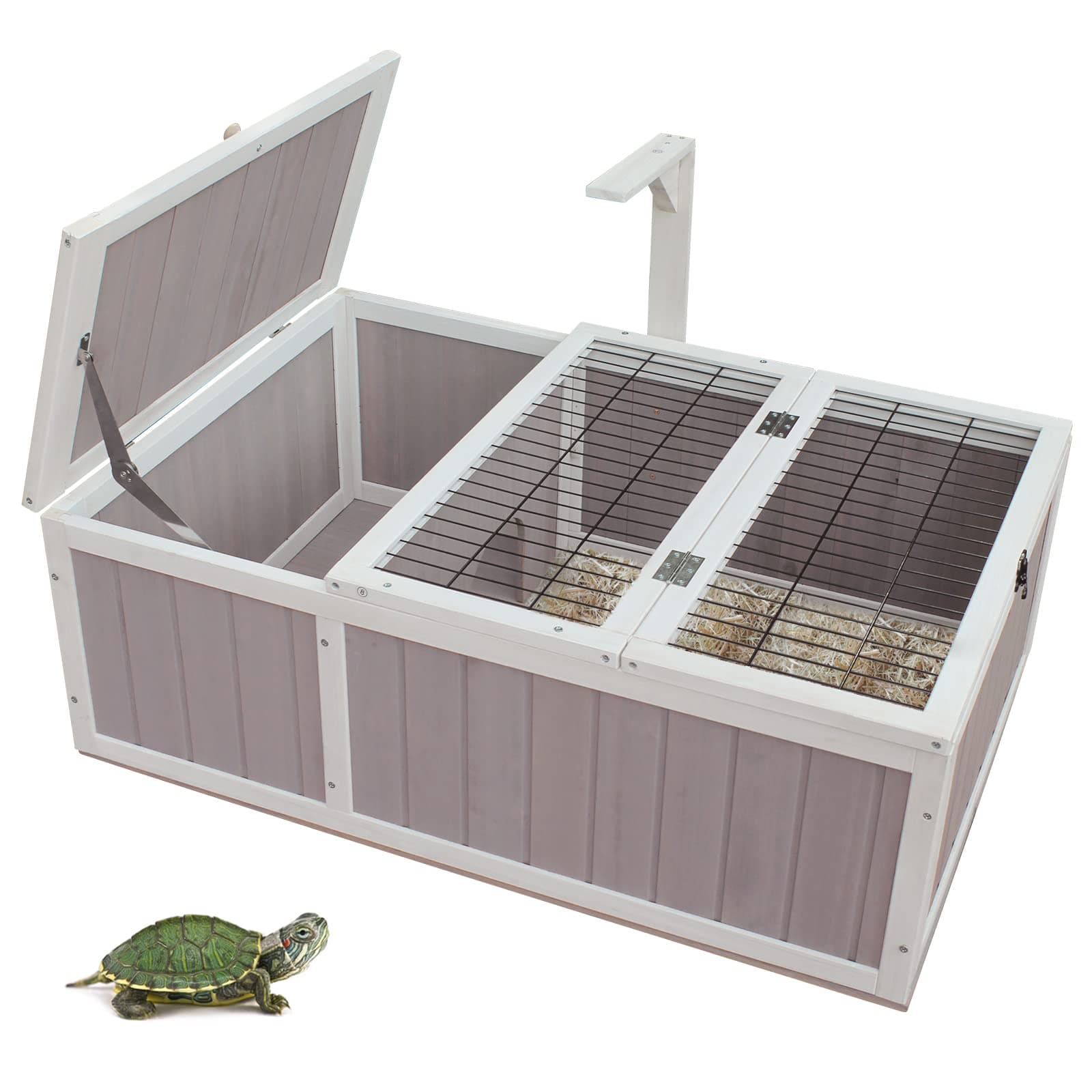 HiCaptain Wooden Tortoise House, Large Tortoise Habitat Cage Indoor Outdoor Turtle Habitat Enclosure for Small Reptile Animals-Grey