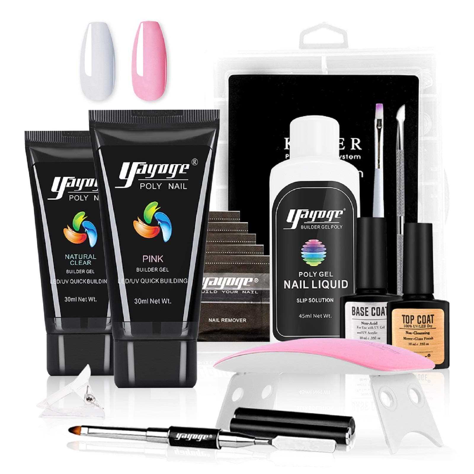 Poly Nail Gel Kit Nail Extension Gel Kit with UV Light - 2 Tubes 30ml Poly gel in Clear Pink Colors Nail Extension Gel Kit with Slip Solution, Builder Gel Nail Extension Gel All-in-One Kit