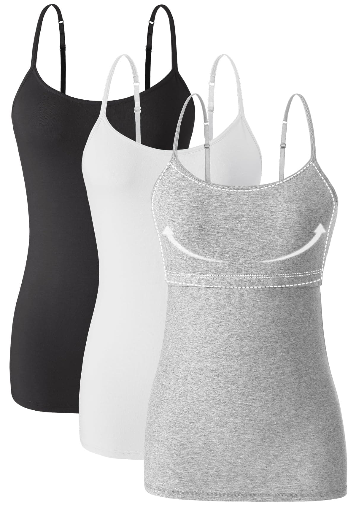 Women Cotton Camisole Shelf Bra Cami Tank Tops Adjustable Spaghetti Strap Tank Top 3-Pack