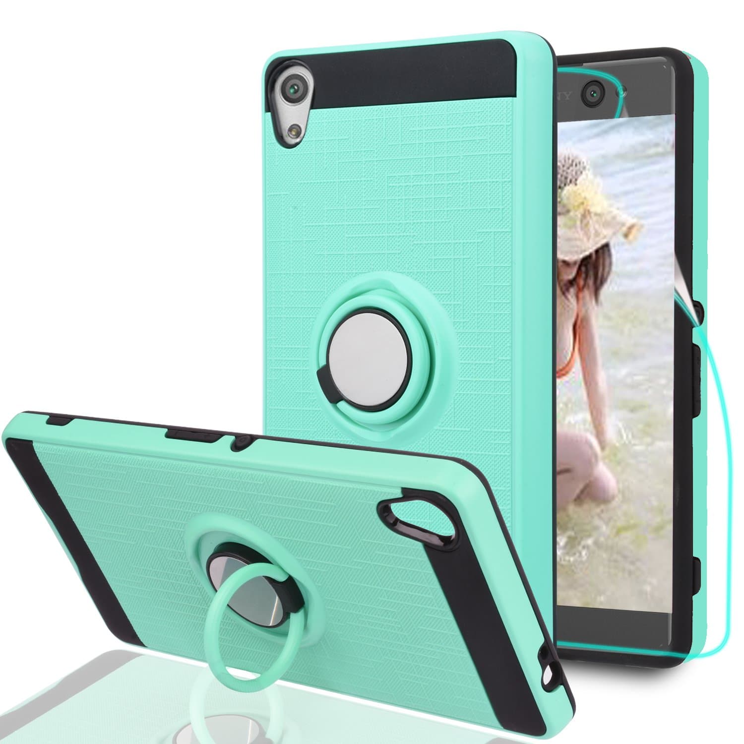 Xperia XA Ultra Phone Case,Xperia C6 Case with HD Screen Protector,Ymhxcy 360 Degree Rotating Ring & Bracket Dual Layer Resistant Back Cover for Sony F3211 F3212 F3215 F3216 F3213-ZH Mint