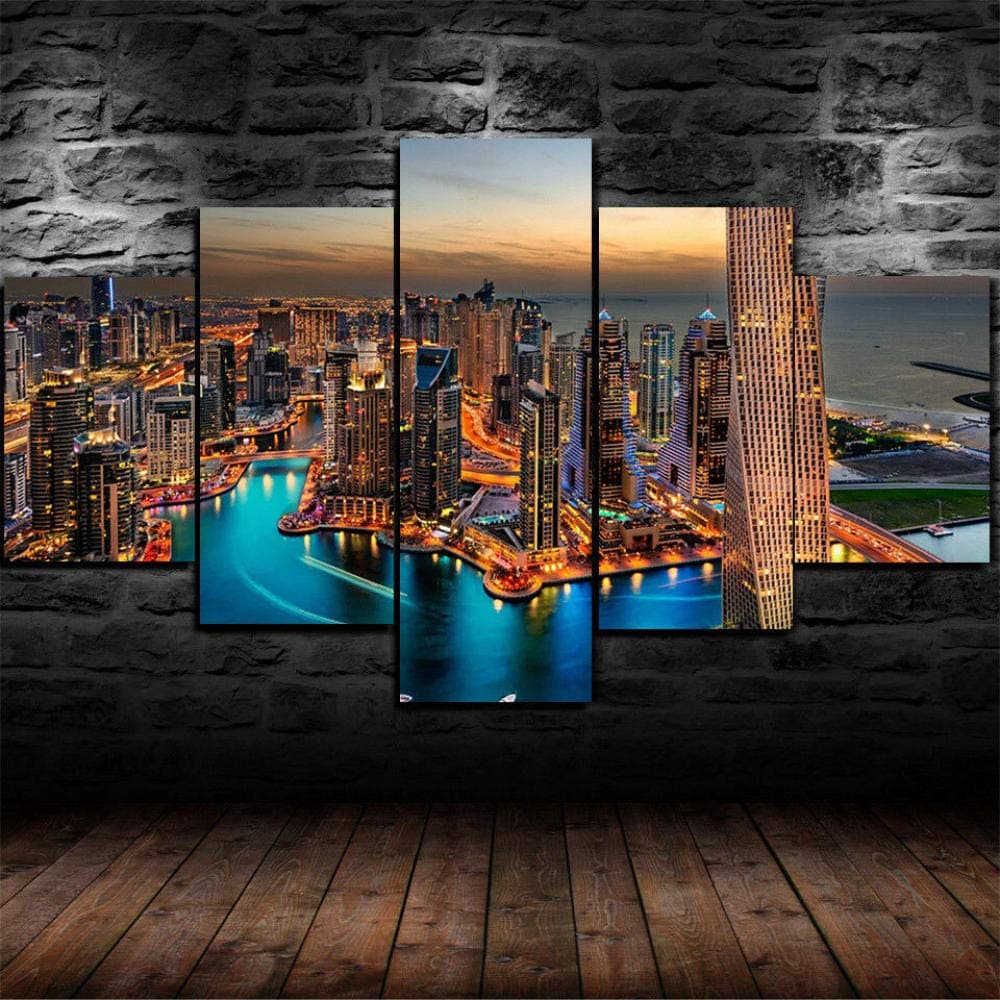 MENGLE Wall Art 5 Pieces Canvas Painting Prints Multiple Pictures- Dubai City Burj Khalifa Skyline Tile Painting Giclee Pictures Painting Printed On Canvas,Posters Wall Decor (Large)