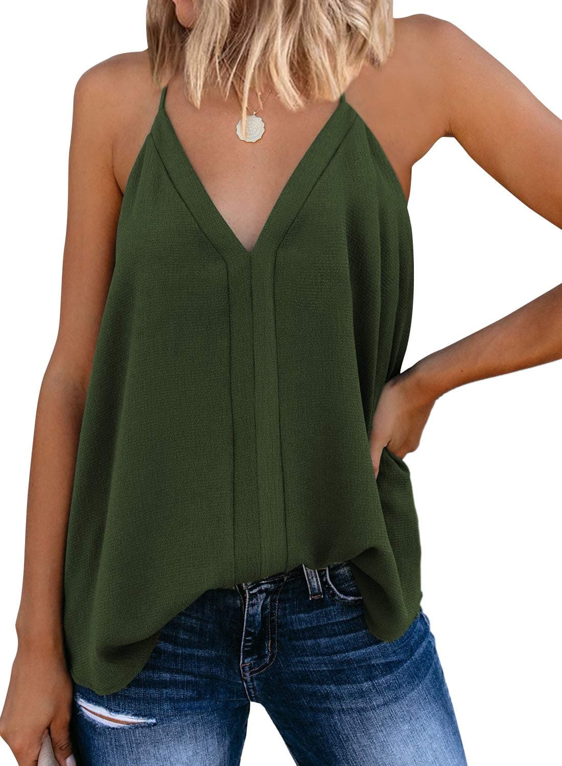 Womens V Neck Strappy Tank Tops Loose Casual Sleeveless Shirts Blouses