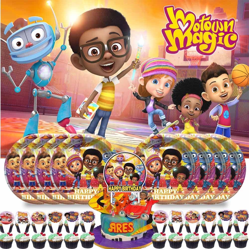 CSJUEE Motown magic Party Supplies Birthday Decorations Plates Banner Kids Cake Toppers Set Decorations Decor