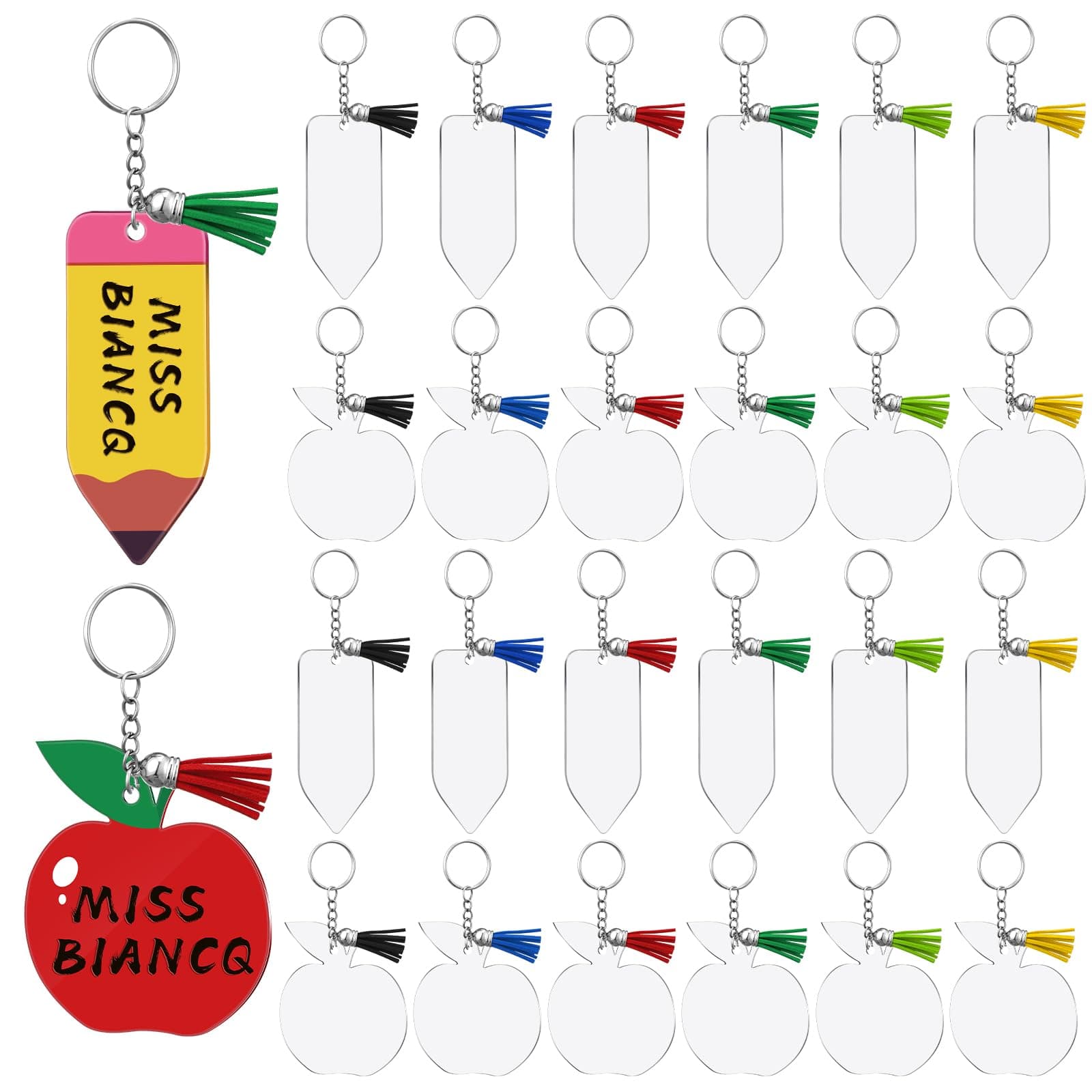 Remuuly 40 Pcs Acrylic Keychain Blanks Acrylic Apple Shaped and Pencil Shaped Blank Keychains with Tassel for DIY Craft Party Gifts Bulk Acrylic Keychains for Teachers