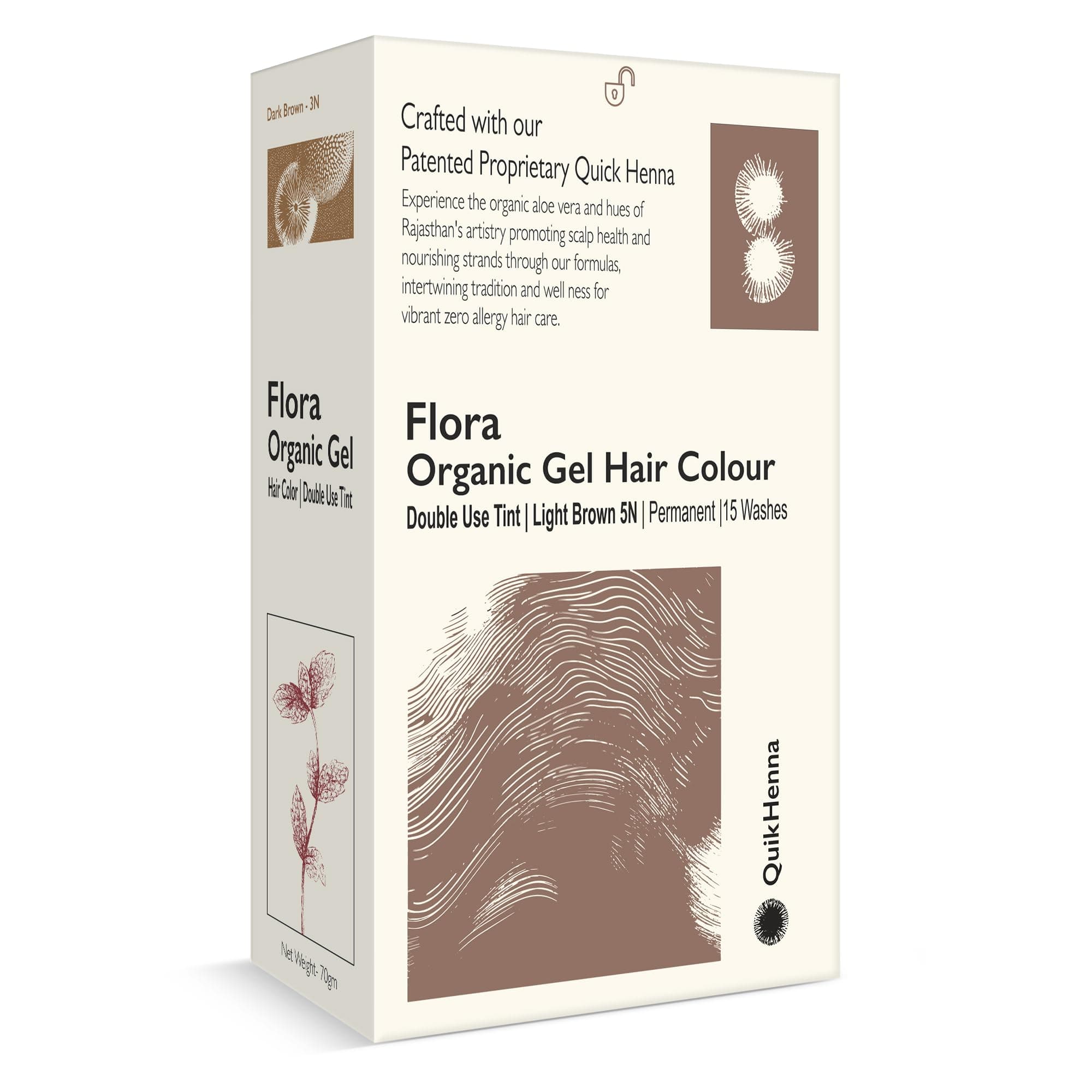 Quik Henna Flora Organic Gel Double Use Hair Colour With QH+ | 100% Grey Coverage, Ammonia & PPD Free Natural, Long-Lasting Hair Color for Men & Women | 5N Light Brown, 70gm, Pack Of 1