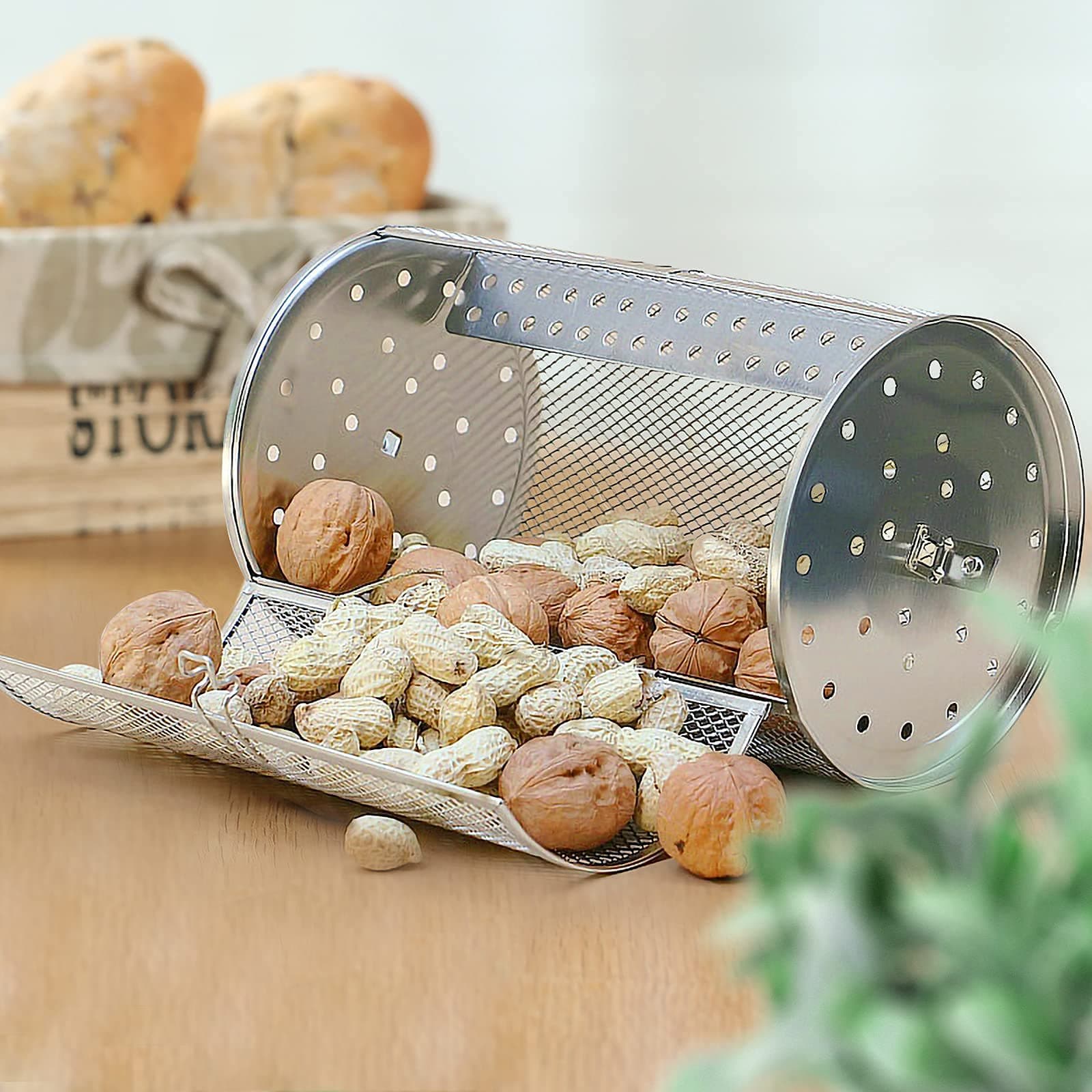 Rotisserie Basket, Stainless Steel Grill Roaster Drum, Oven Basket Air Fryer Accessories 360° Rotating for Peanuts Coffee Beans BBQ Walnuts DIY Kitchen Cooking Tool