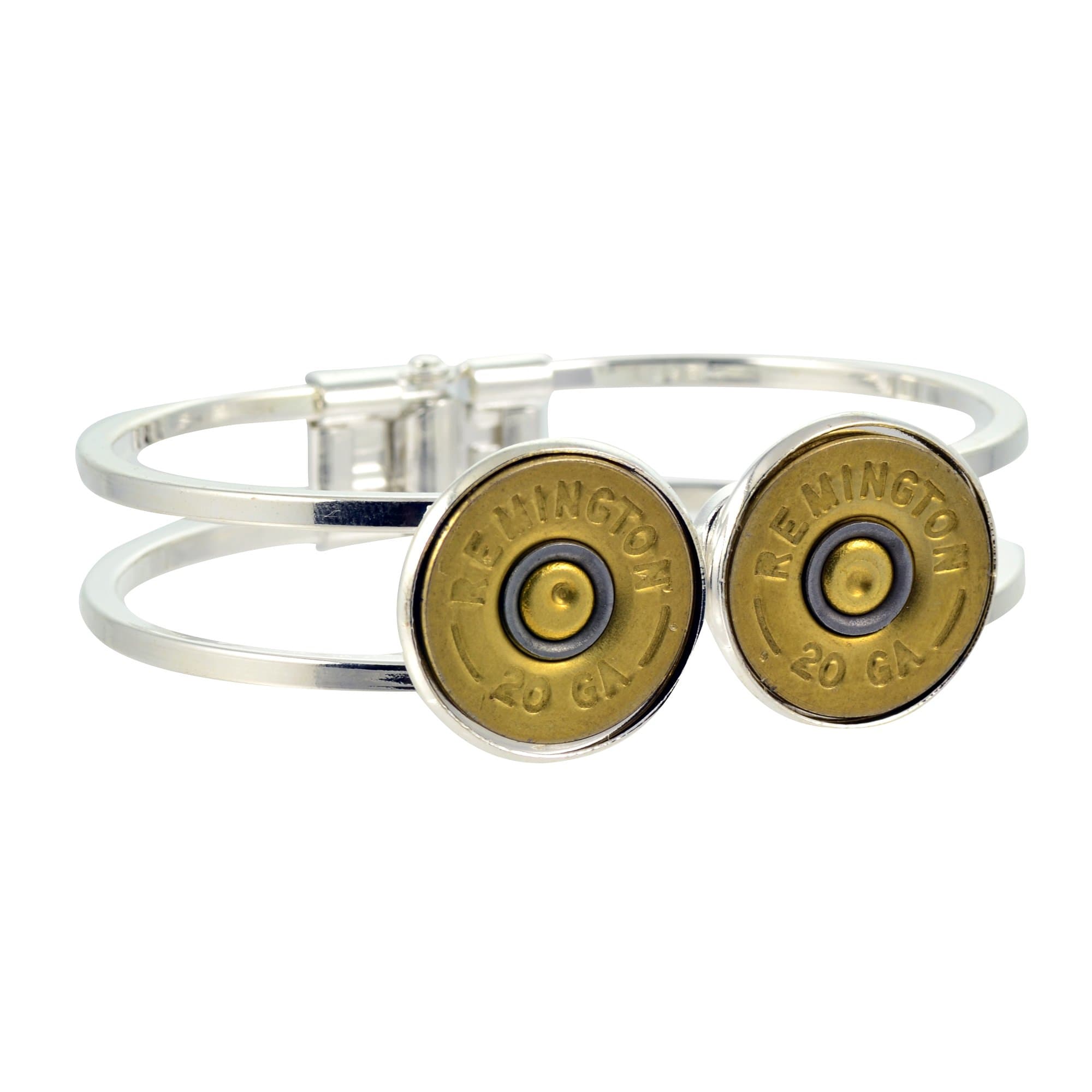 Twin Shotgun Shell Hinge Cuff, 20 Gauge Bullet Casing Bracelet in Mixed Metal Finish
