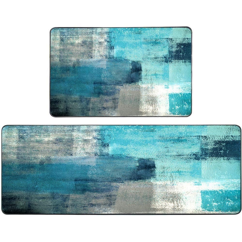 Kitchen Mats for Floor,TOMWISH Turquoise Kitchen Rug Grey Abstract Area Rug Art Painting 17"X48"+17"X24" Non-Slip Kitchen Rug Set for Kitchen Dining Room,Floor Home,Office,Sink,Laundry