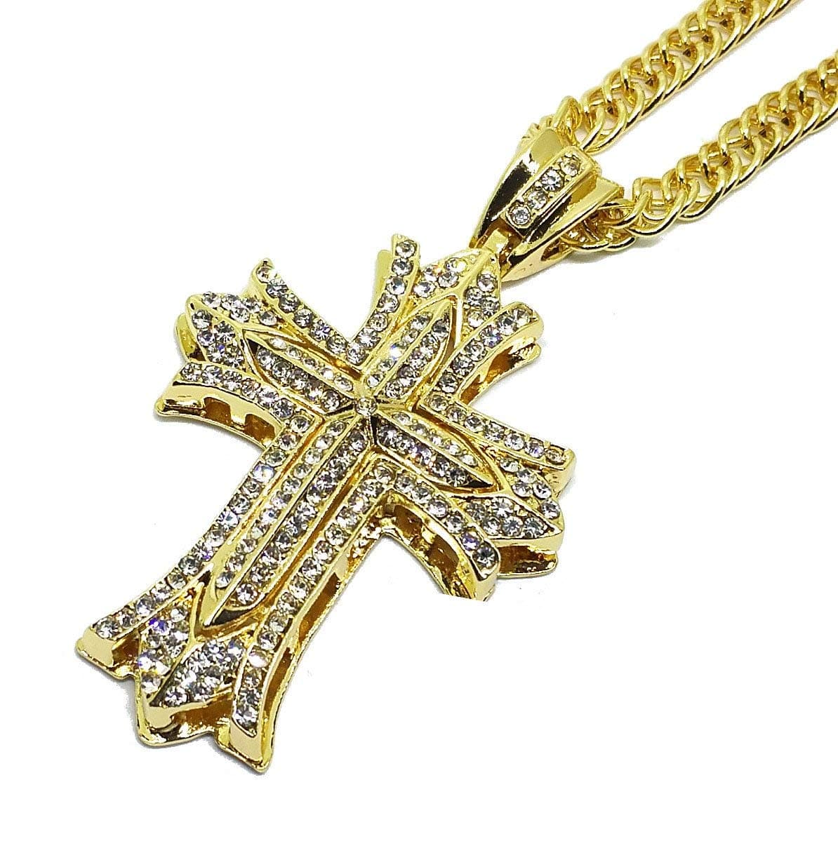 Iced Out CZ Cross 14K Hip Hop Gold Plate Jewelry Bling Bling Pendant Necklace 30 Inches Rope Chain Included