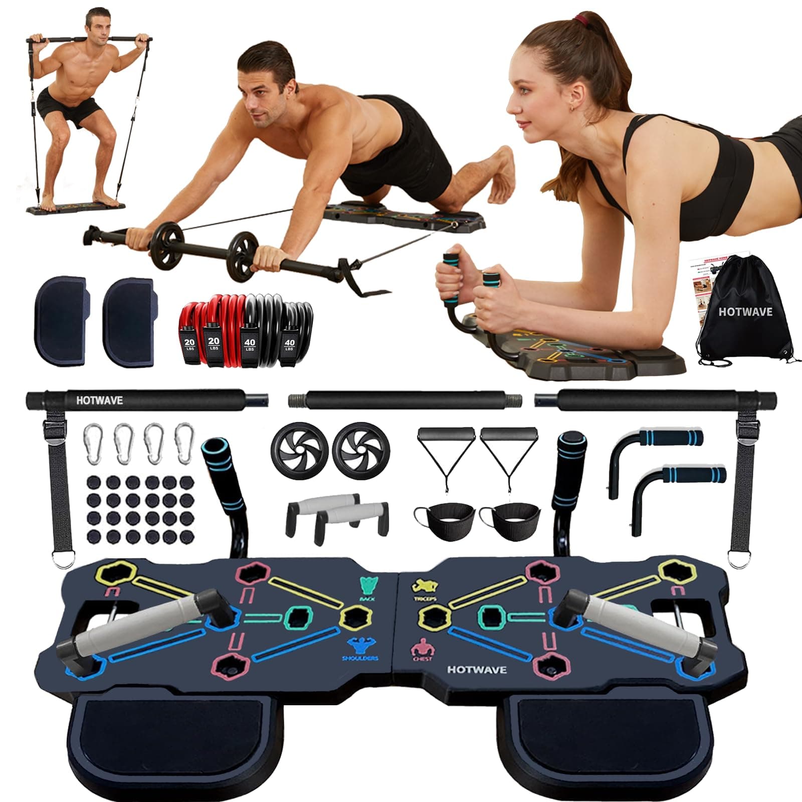Portable Workout Equipment with 20 Gym Accessories.Push Up Board &Plank,Resistance Band with Ab Roller Wheel,Exercise at Home For Men and Women