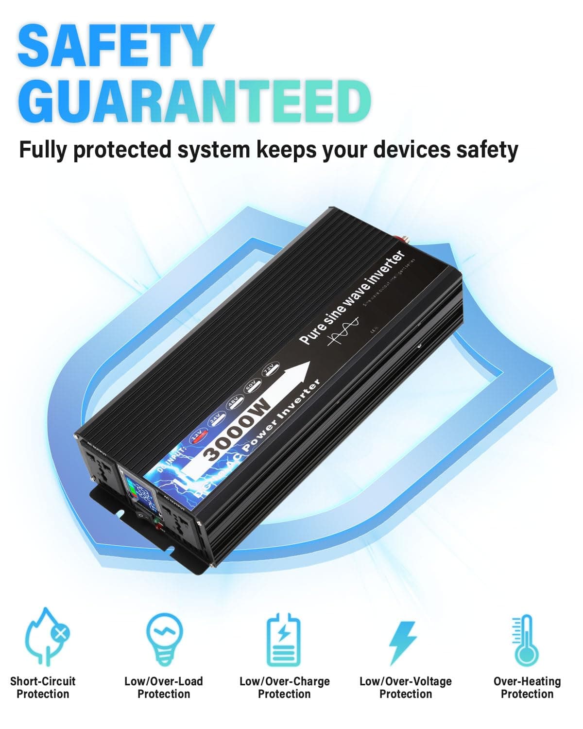 NIHAO 3000W Power Inverters DC 12V to 110V AC Converter with LCD Display, 2 International Socket and Battery Clips for Home, RV, Outdoor, Camping, Boat, Black