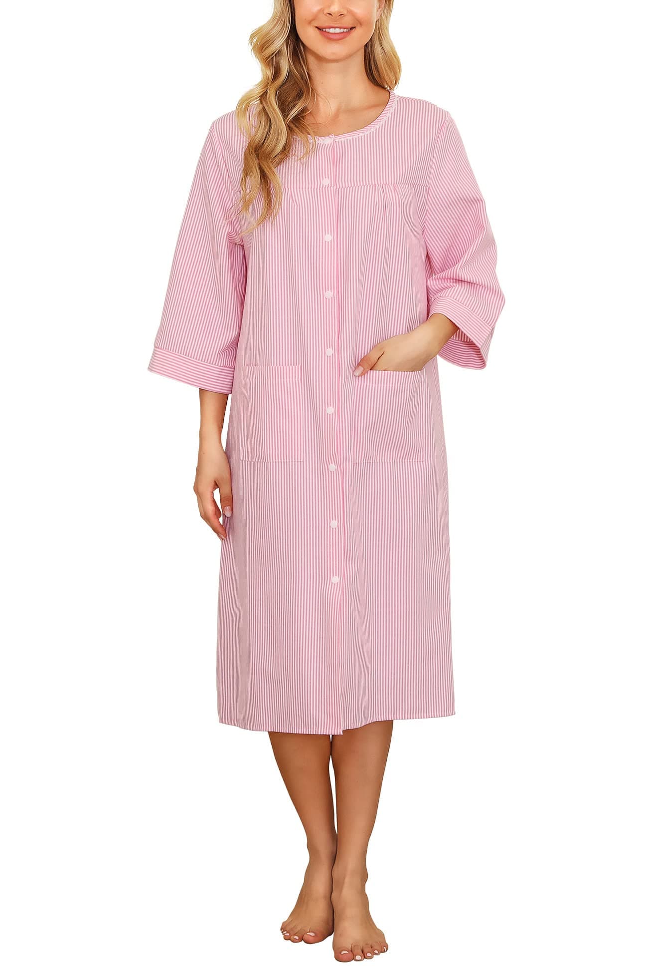 BloggerloveHouse Coat Women Duster Housedress 3/4 Sleeve Muu Muu Snap Robes Cotton Nightgown Pockets