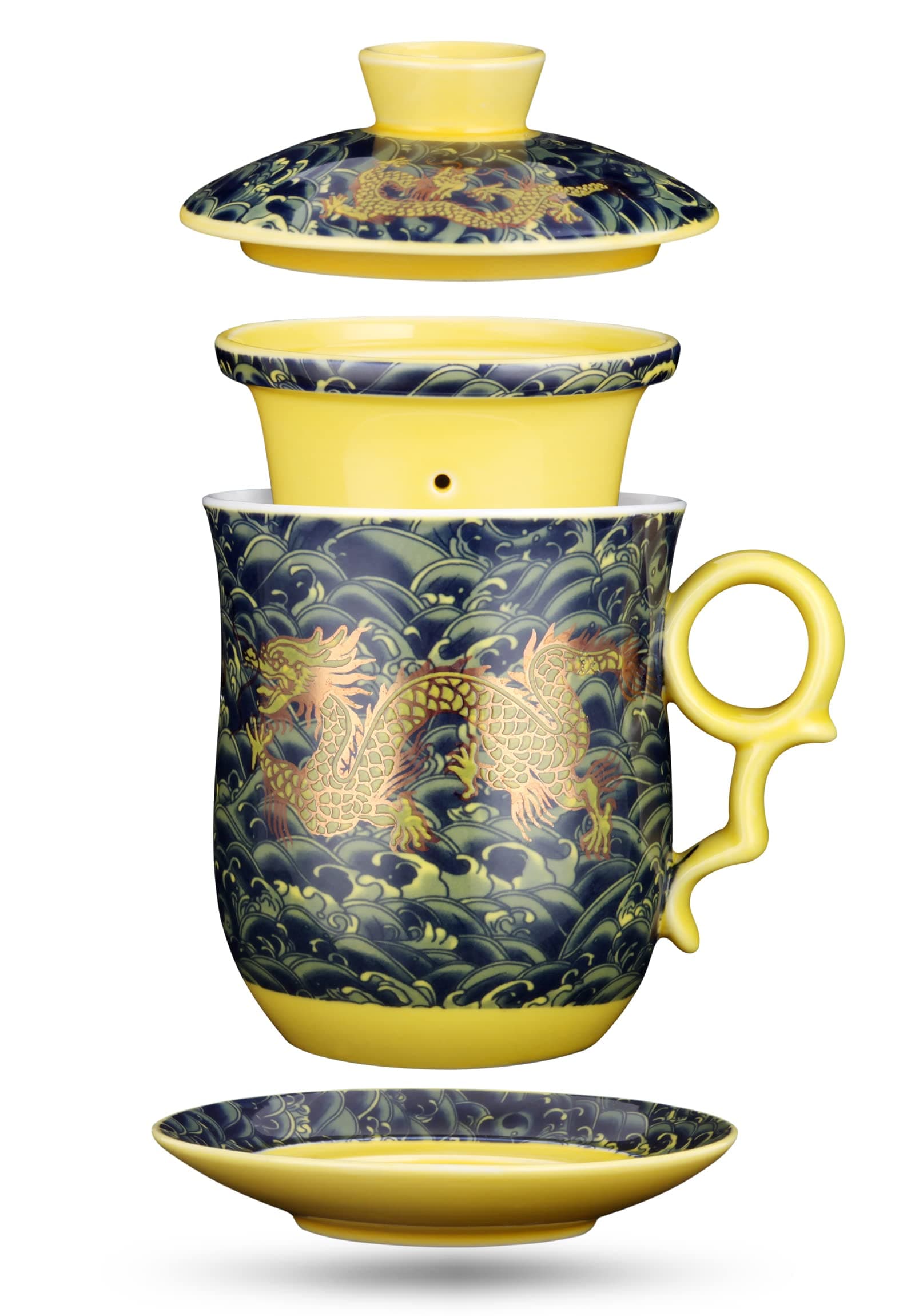 Chinese Dragon Pattern Tea-Mug with Strainer Infuser and Lid and Saucer Ceramic Tea Mug Convenient System Chinese Porcelain Personal Tea Cup 13.5oz(400ml) - DARK GREEN TC400