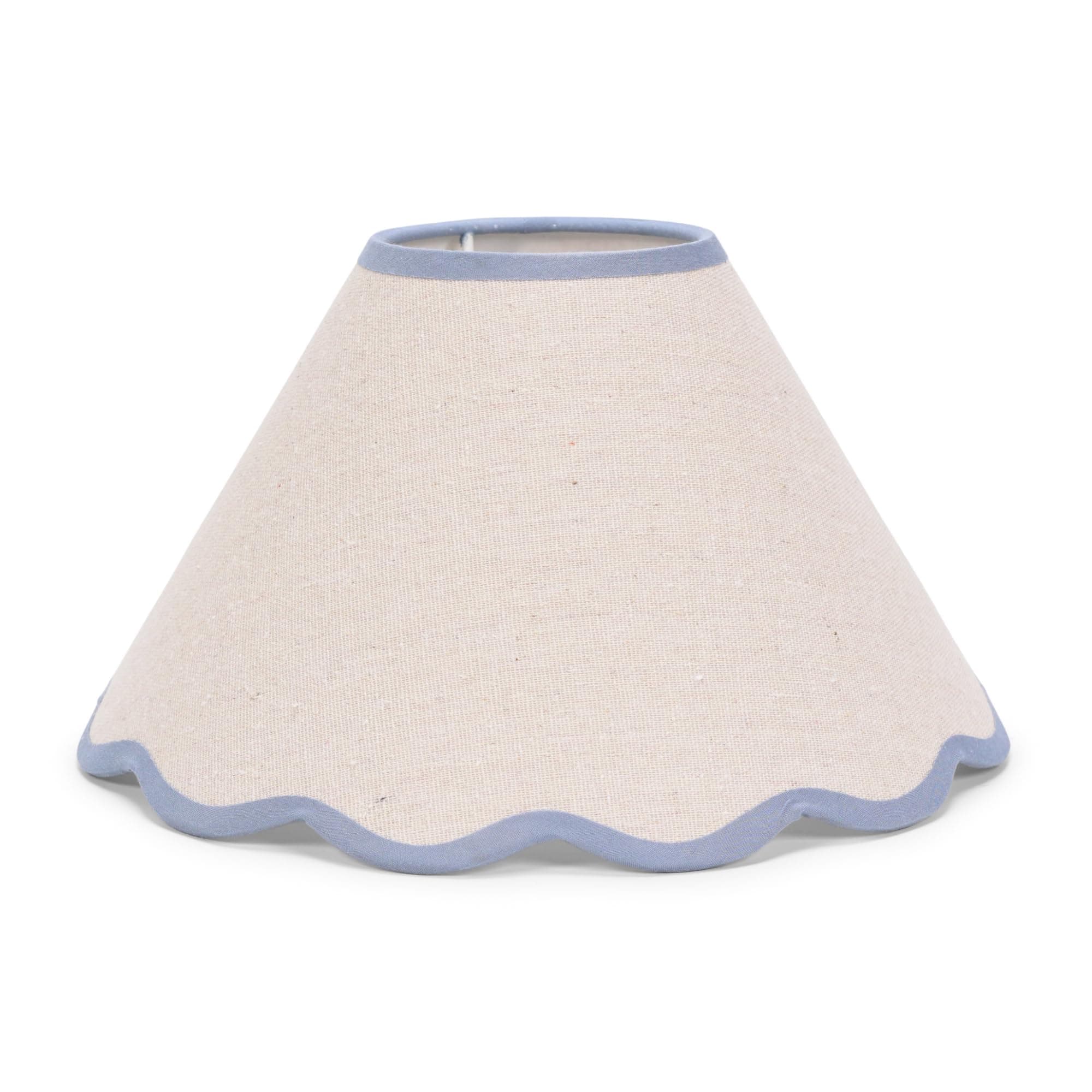 Small Natural Linen Tapered Light Shade with Blue Scallop Trim for Table Lamp