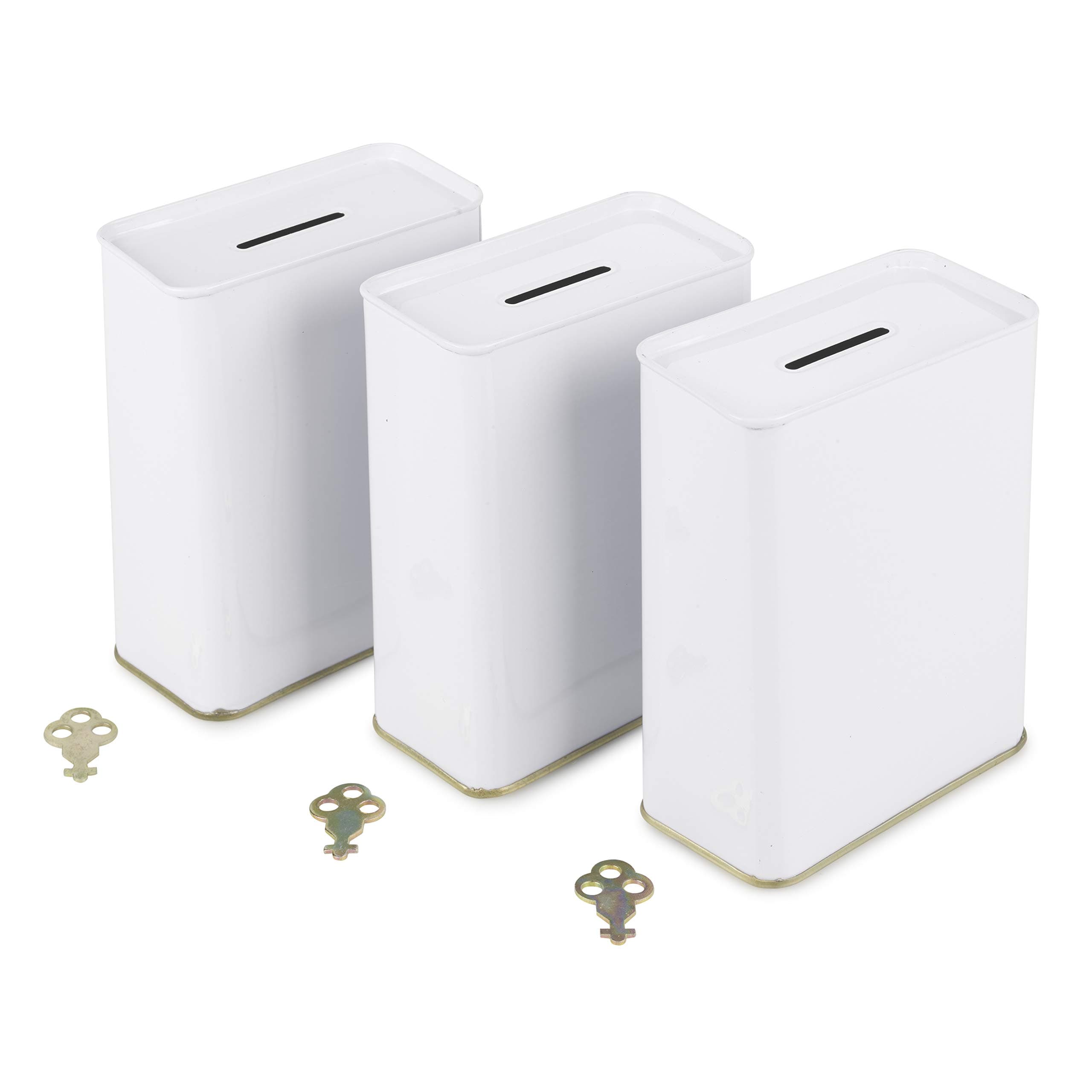 Pack of 3 White Tin Donation Box Money Holder Can with Lock - Blank - one Key