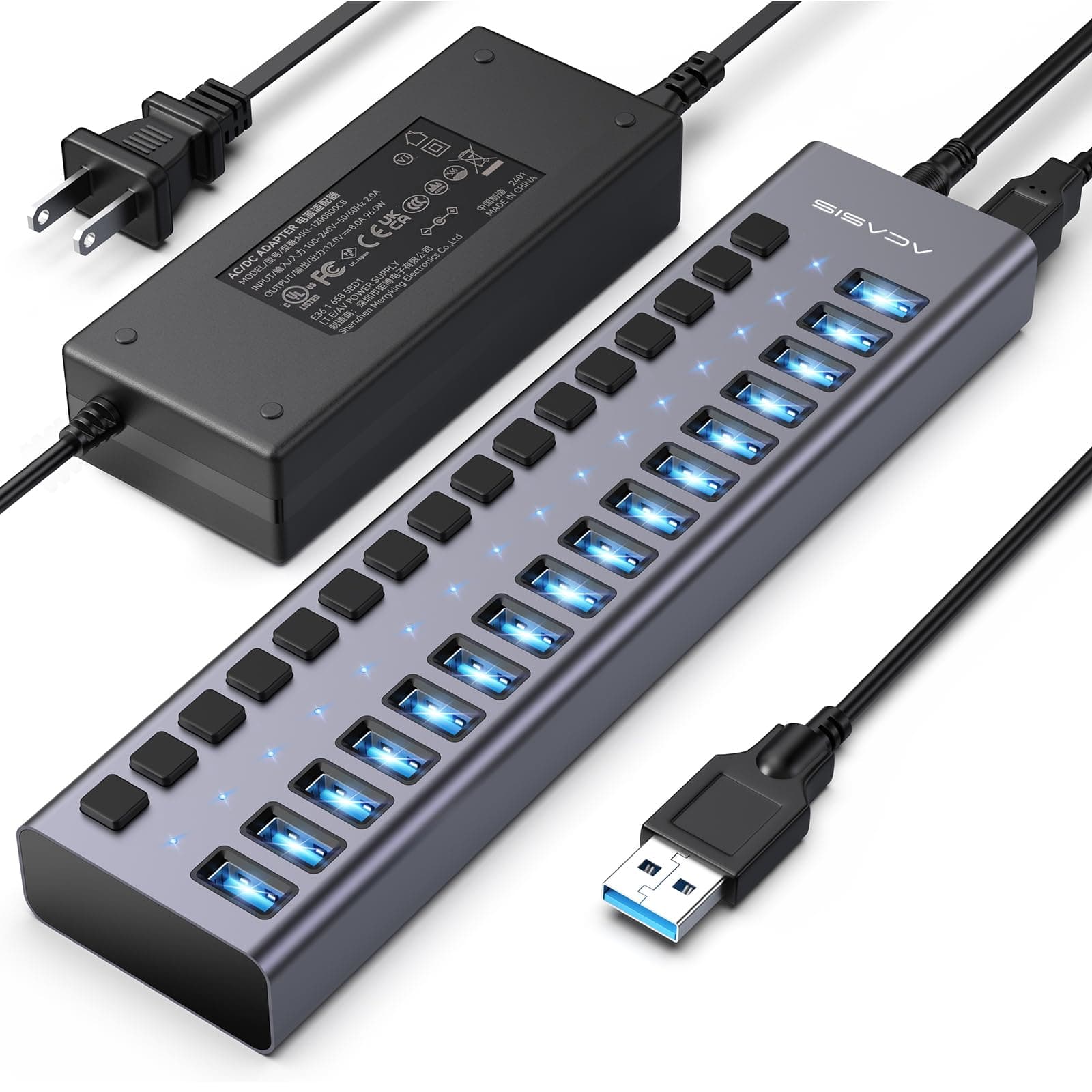 Powered USB 3.2 Hub, ACASIS 16 Ports USB 3.2 Hub with 10Gbps Data Speed,Aluminum Housing, USB Hub Powered with 96W Power Adapter, USB Hub for PC/Laptop, Computer, Flash Drive, Printer, Camera