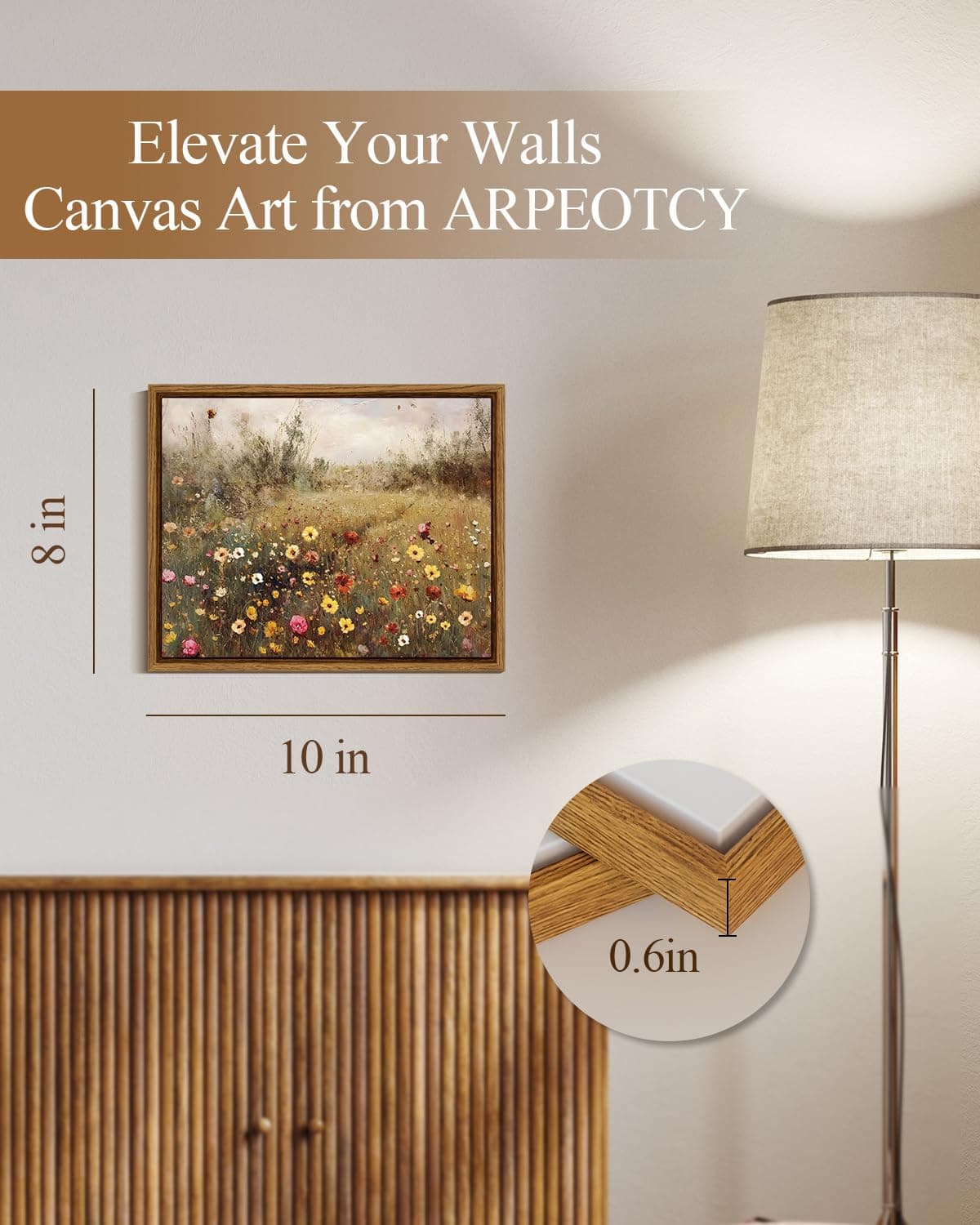 ARPEOTCY Framed Landscape Canvas Wall Art, Meadow with Flowers Vintage Paintings Artworks, Classical Wildflower Field Scene Pictures Decor, Hanging Wall Decor for Bathroom Bedroom Office 8x10inch