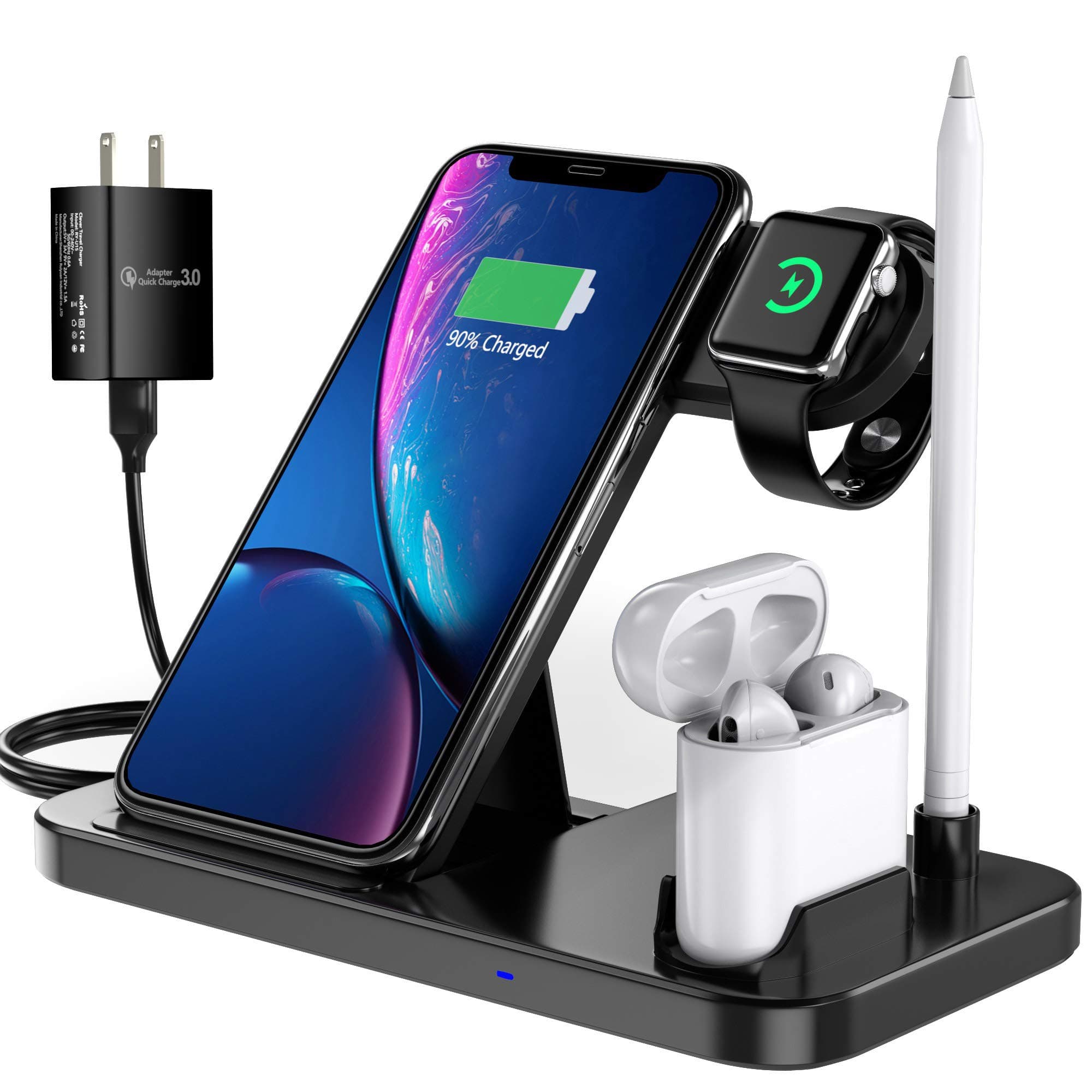EVIGAL 4 in 1 Wireless Charger, Qi-Certified Fast Charging Station Compatible Apple Watch & AirPods & Apple Pencil, iPhone 14/13/12/11/11Pro/X/XS/XS Max/XR/8/8Plus, Samsung (with QC3.0 Adapter)