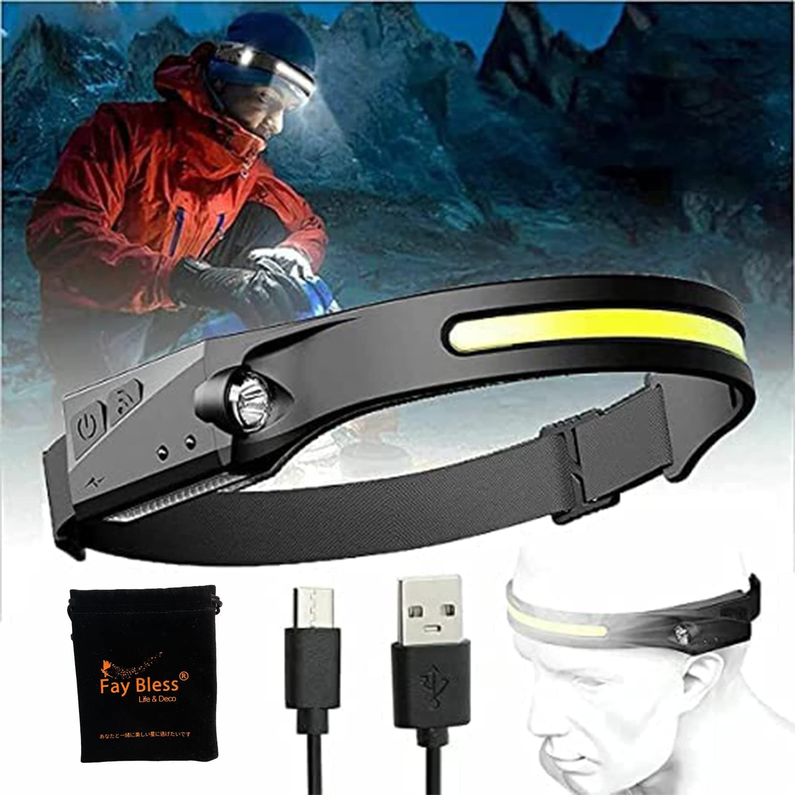 5PCS Fay Bless Rechargeable LED Headlamp,350 Lumen 1200mAh 5 Modes 8 Hours Hi-Beam Weatherproof Headband Work Light,230 Wide Beam Hand Wave Induction Headlight (Black)