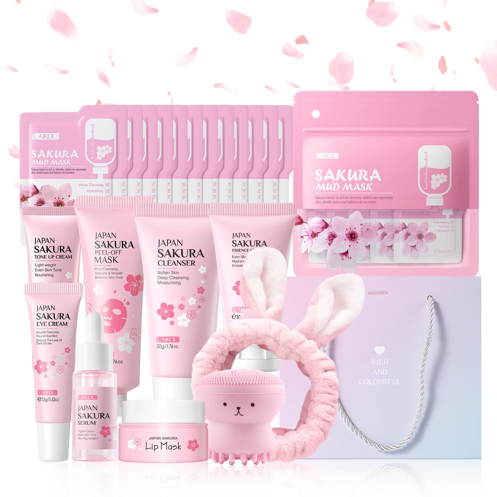 Sakura Skincare Set for Teen Girls, Complete 34PCS Face Care Kit, Christmas Pamper Gift Set for Women & Teenage Girls, Hydrating & Nourishing Travel-Friendly Daily Facial Skincare Routine