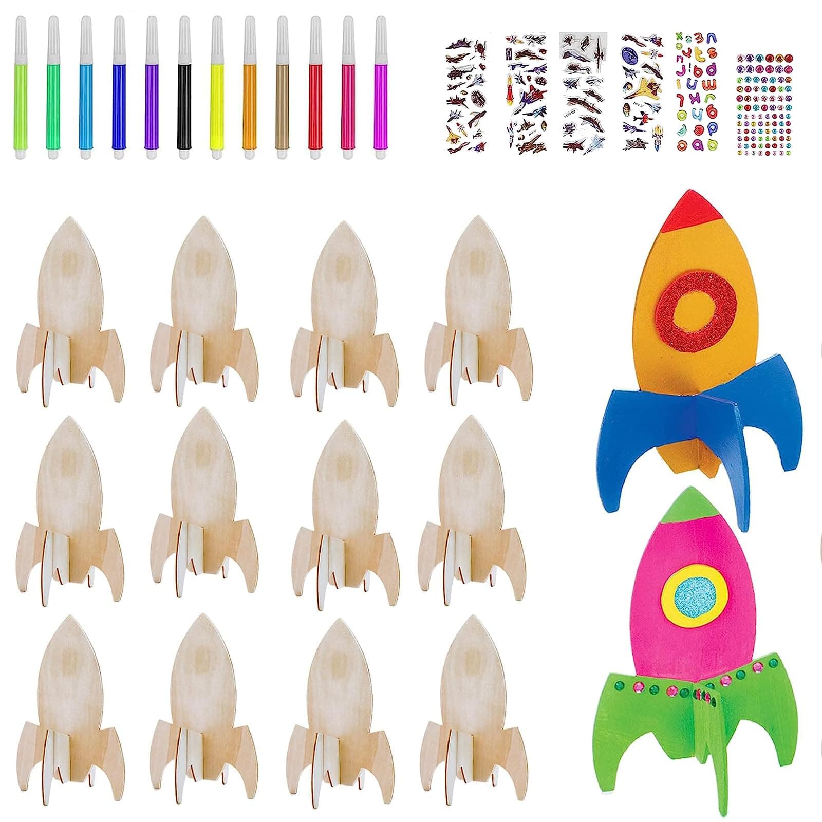 Lemotoy 12 PCS Wooden Rocket Toy for Kids,Space Toys,Puzzle Wooden Rocket for Painting,DIY Space Birthday Party Decoration,DIY Wooden Arts and Gifts for Girls Boys Toddler