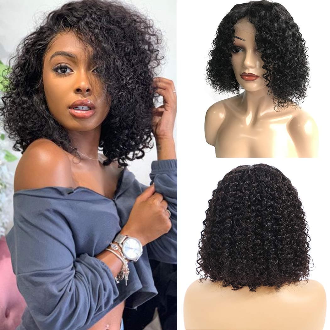Brazilian Curly Wigs for Black Women Human Hair 14 inch Lace Front Bob Wigs Pre Plucked With Baby Hair 150% density Brazilian Kinky Curly Wig 13x4 Lace Frontal Wig (14 Inch, Natural Color)