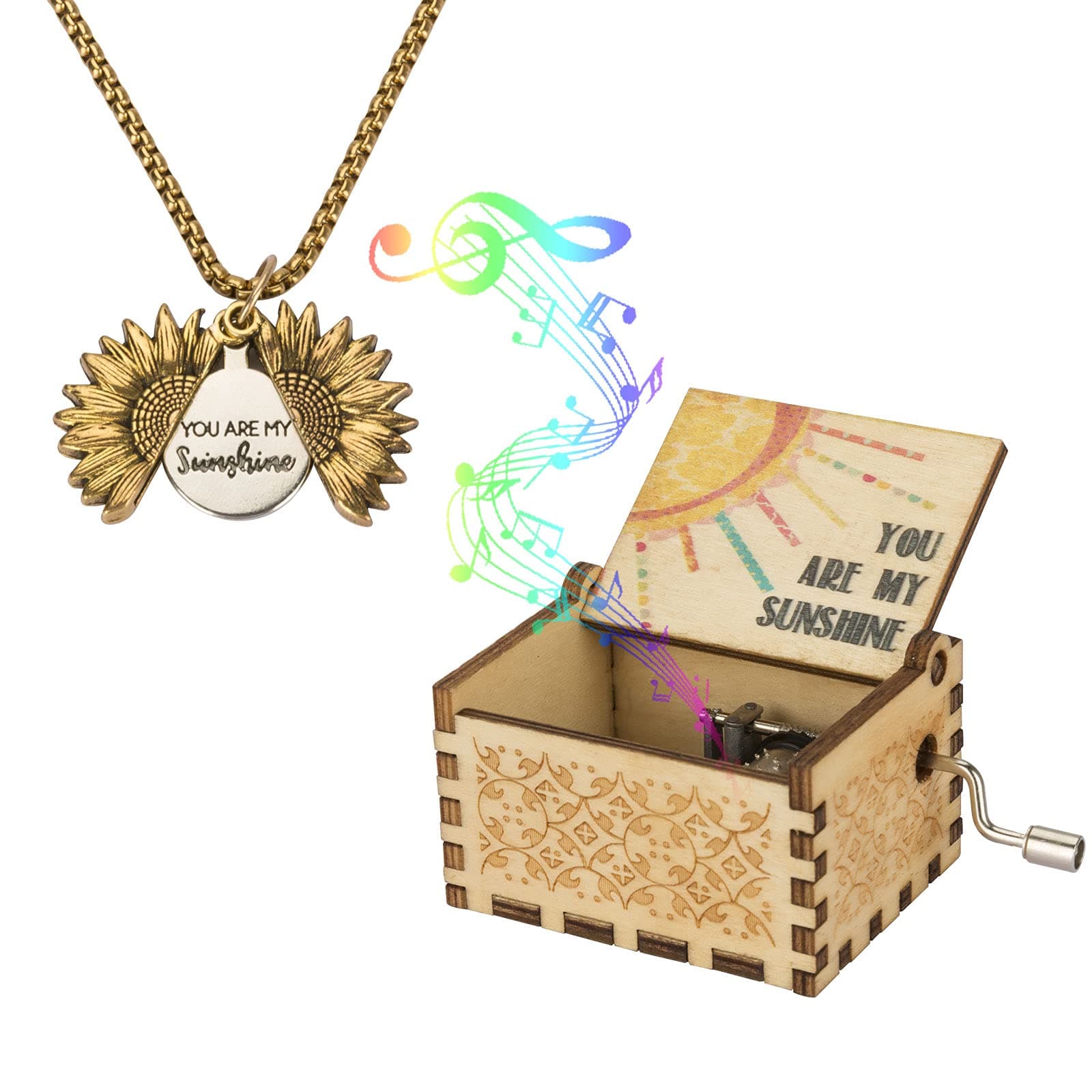 DIQMIAQ You are My Sunshine Music Boxes with Sunflower Necklace, Wooden Hand Cranked Musical Box and Engraved Locket Pendant Sunshine Gift for Wife, Girlfriend, Daughter, Mother