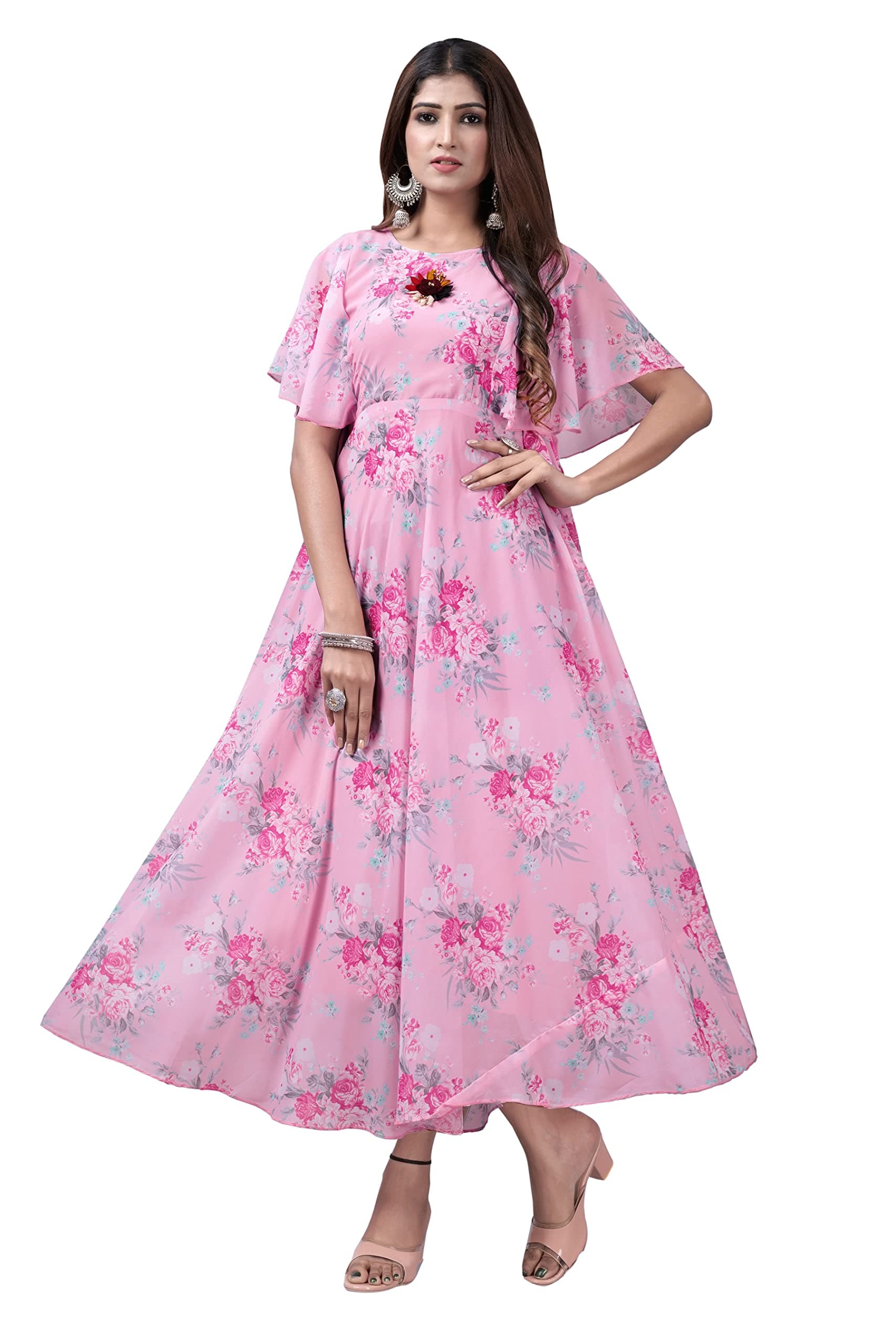 RensilWomen's Georgette Digital Floral Printed Flared Gown Dress for Womens