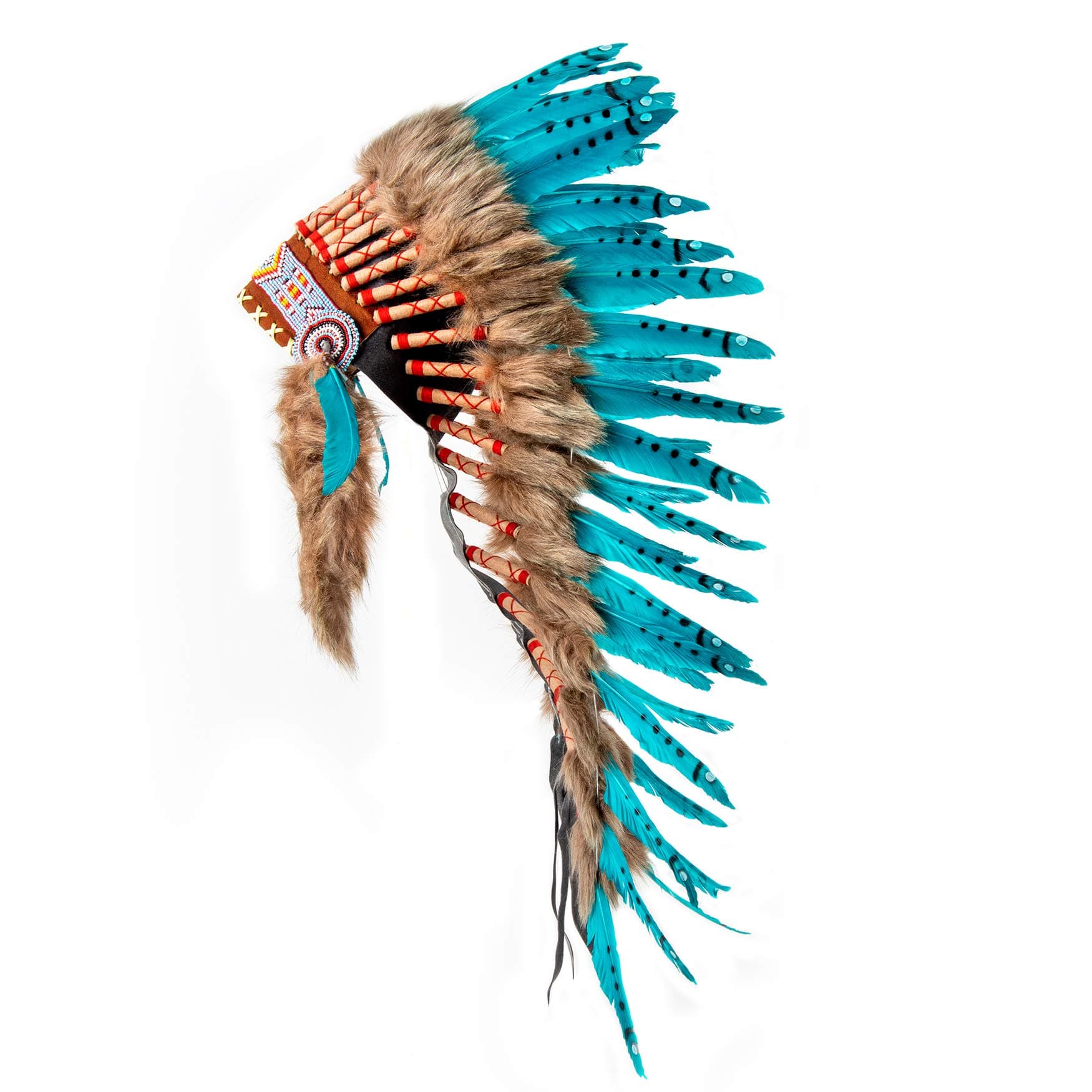 Pink Pineapple Handcrafted Native American Inspired Feather Headdress Medium Length, Turquoise with Black Spots
